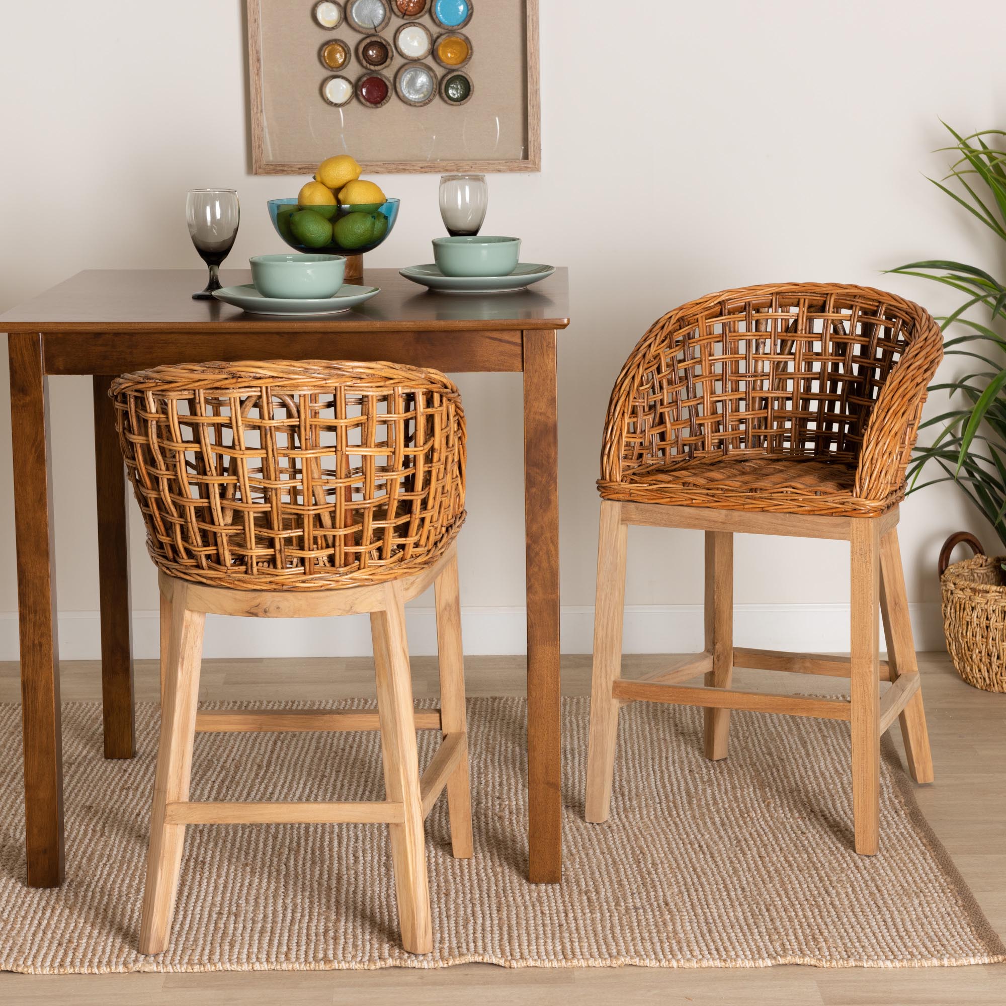 bali & pari Mario Modern Bohemian Natural Brown Finished Teak Wood and Rattan 2-Piece Counter Stool Set