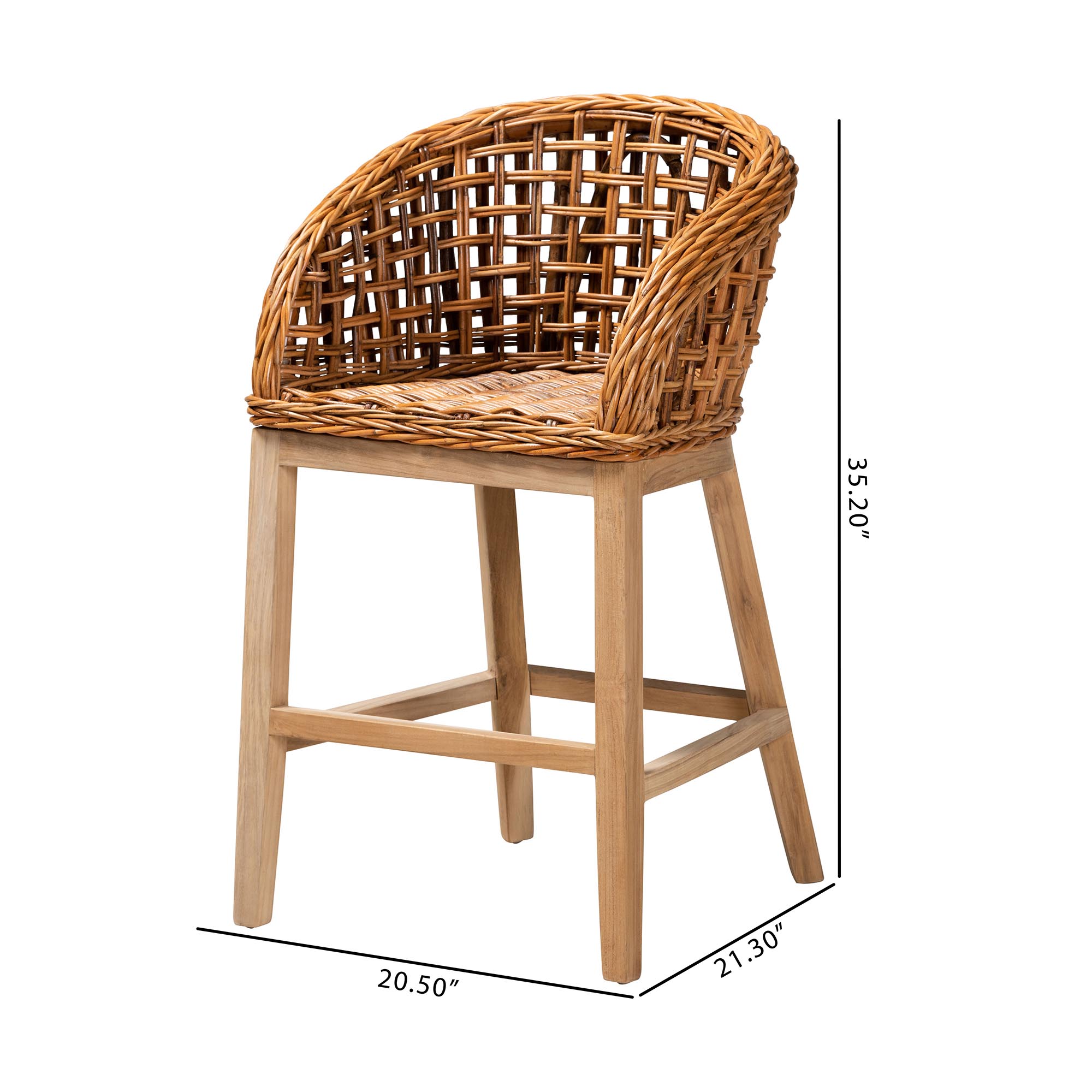bali & pari Mario Modern Bohemian Natural Brown Finished Teak Wood and Rattan 2-Piece Counter Stool Set