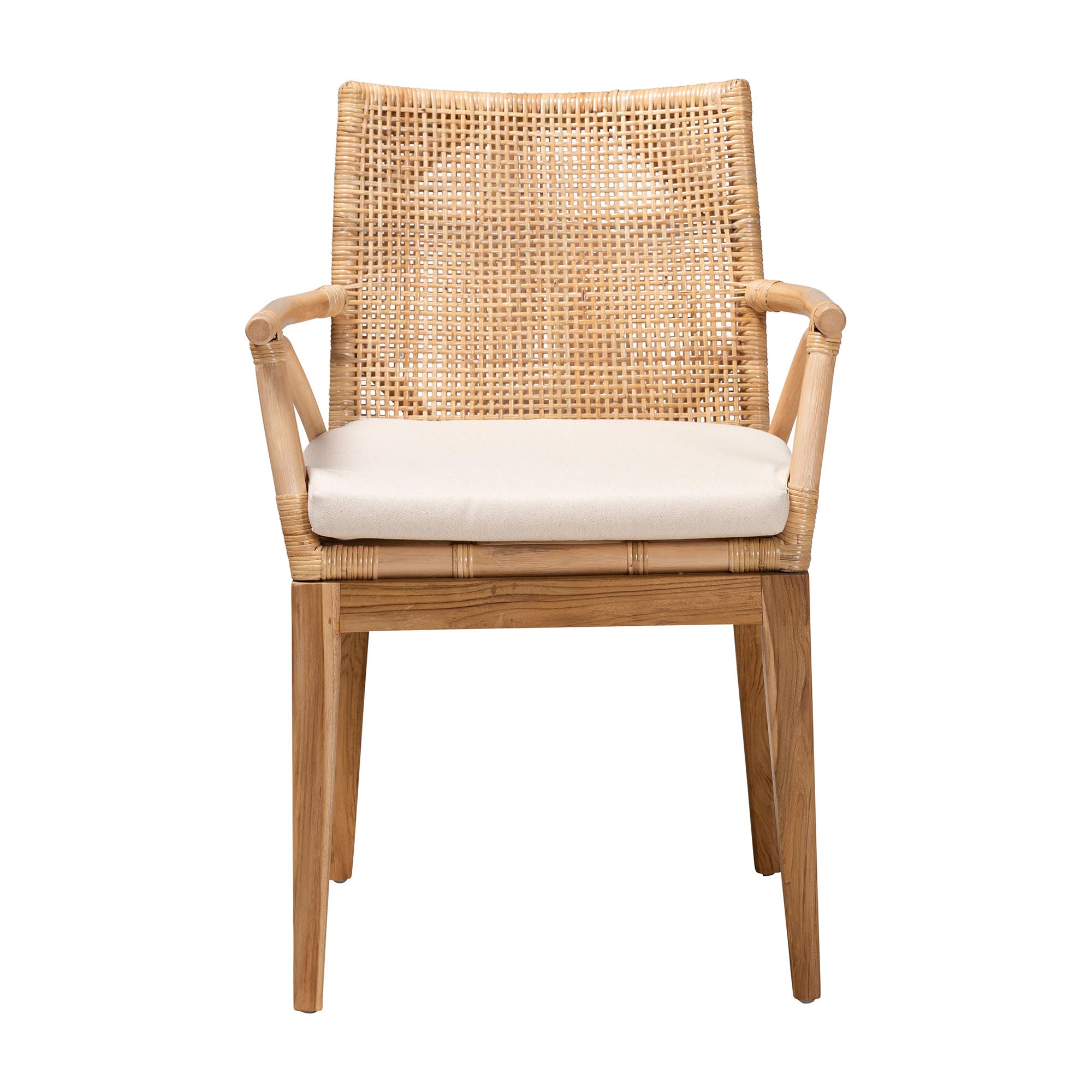 bali & pari Storsel Modern Bohemian Natural Brown Finished Teak Wood and Rattan Dining Chair