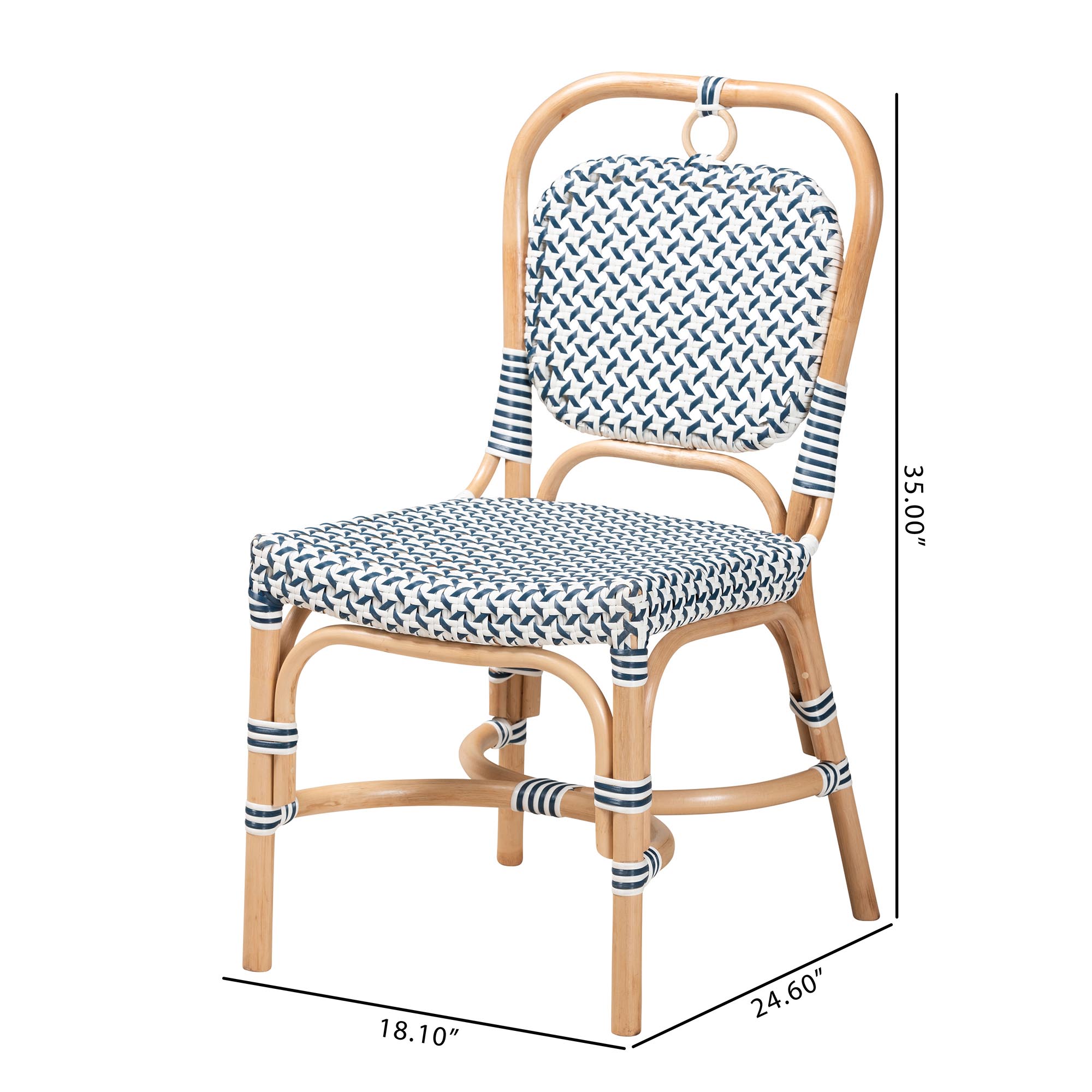 bali & pari Luciana Modern French Blue and White Weaving Natural Rattan Bistro Chair