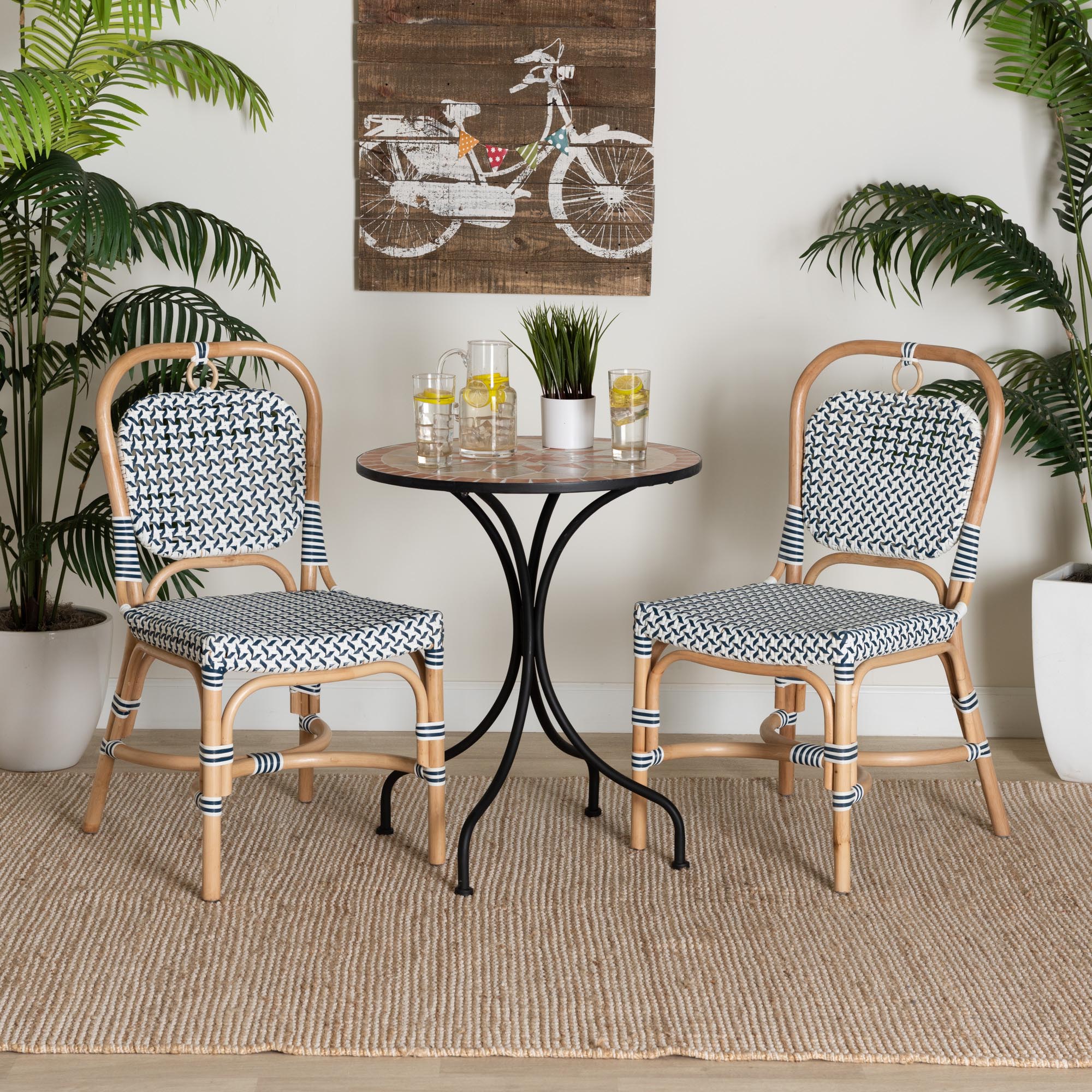 bali & pari Luciana Modern French Blue and White Weaving Natural Rattan Bistro Chair