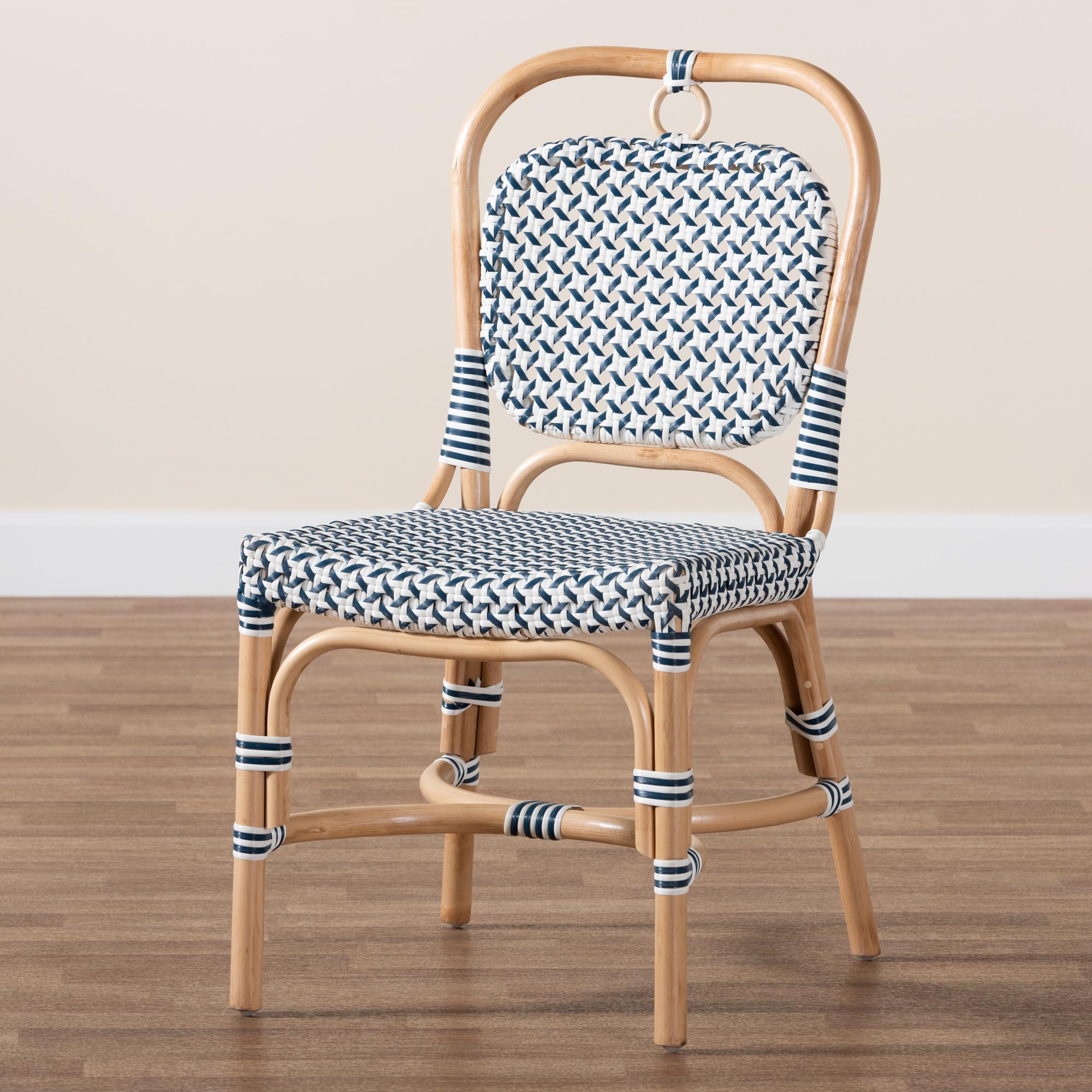 bali & pari Luciana Modern French Blue and White Weaving Natural Rattan Bistro Chair