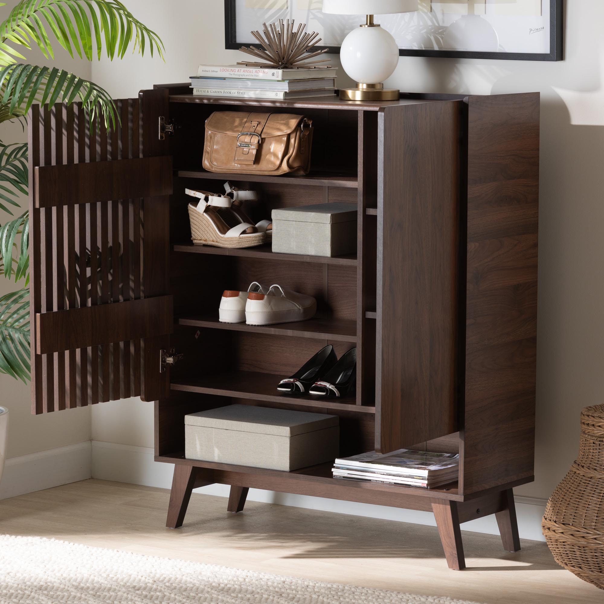 Baxton Studio Paricia Mid-Century Modern Walnut Brown Finished Wood Shoe Cabinet