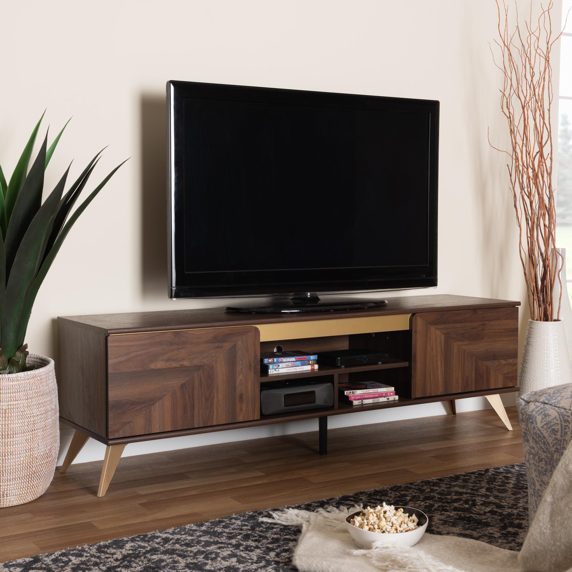 Baxton Studio Graceland Mid-Century Modern Transitional Walnut Brown Finished Wood 2-Door TV Stand