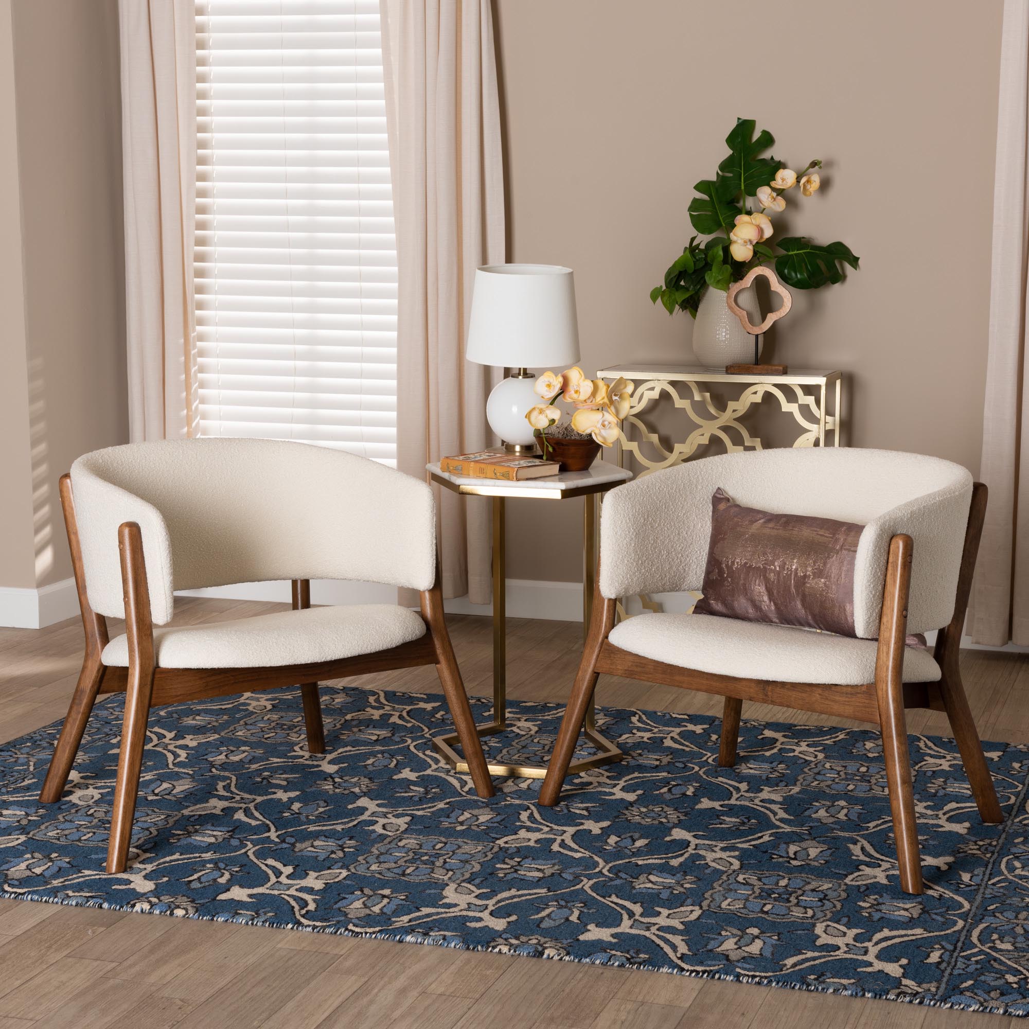 Baxton Studio Baron Mid-Century Modern Cream Boucle Fabric Upholstered and Walnut Brown Finished Wood 2-Piece Living Room Accent Chair Set