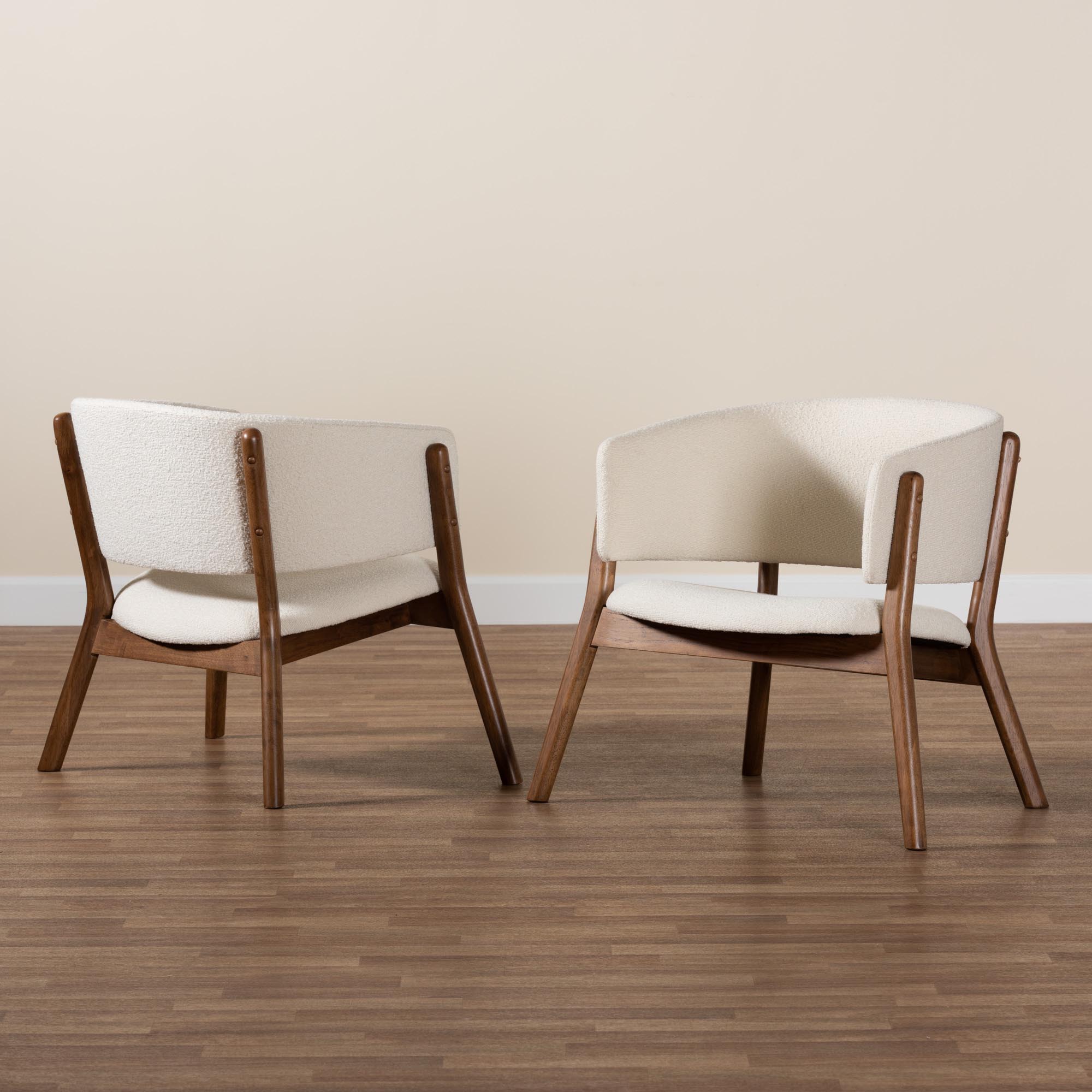 Baxton Studio Baron Mid-Century Modern Cream Boucle Fabric Upholstered and Walnut Brown Finished Wood 2-Piece Living Room Accent Chair Set