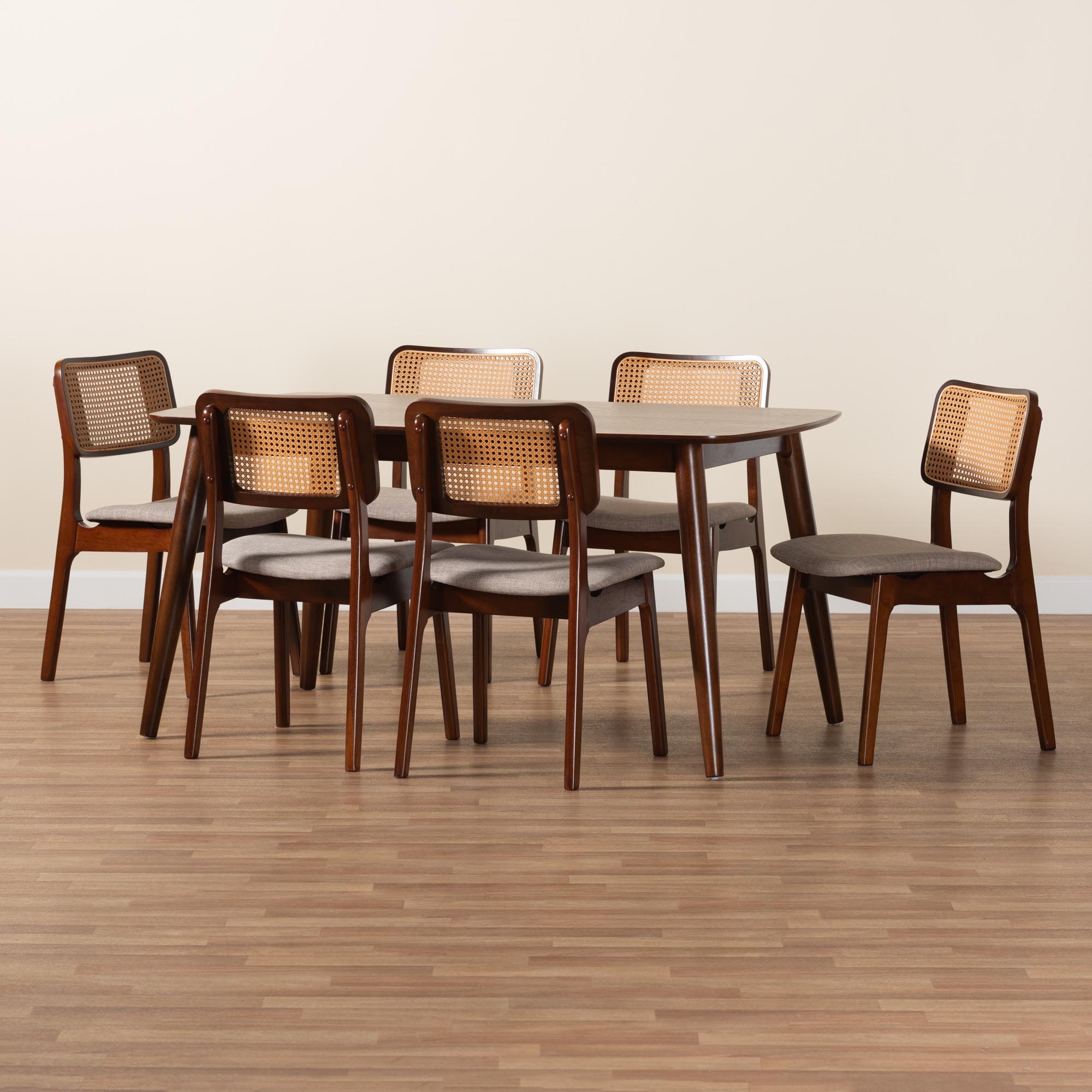 Baxton Studio Dannon Mid-Century Modern Grey Fabric and Walnut Brown Finished Wood 7-Piece Dining Set