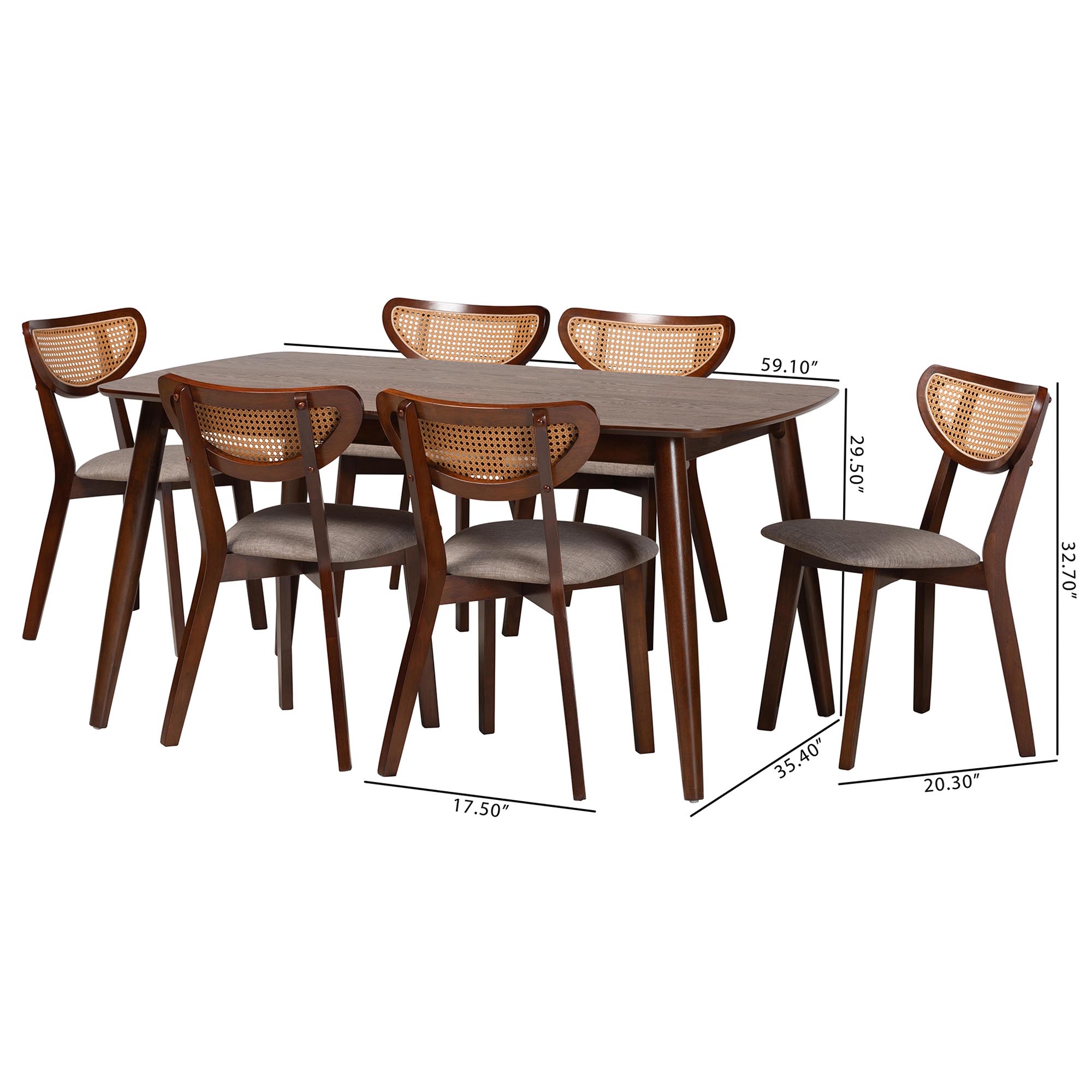 Baxton Studio Dannell Mid-Century Modern Grey Fabric and Walnut Brown Finished Wood 7-Piece Dining Set