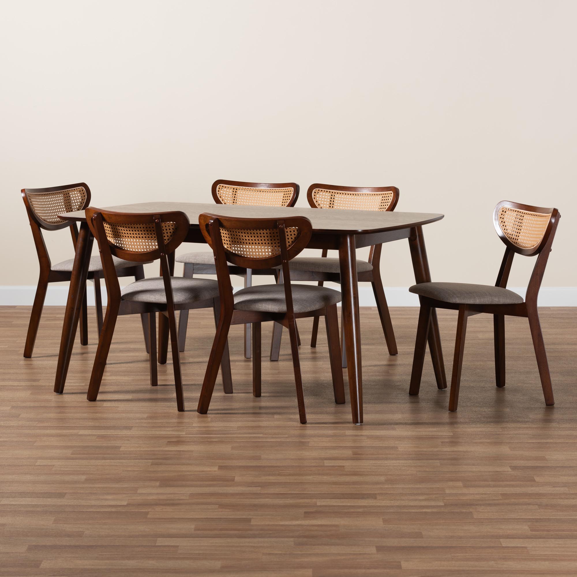 Baxton Studio Dannell Mid-Century Modern Grey Fabric and Walnut Brown Finished Wood 7-Piece Dining Set