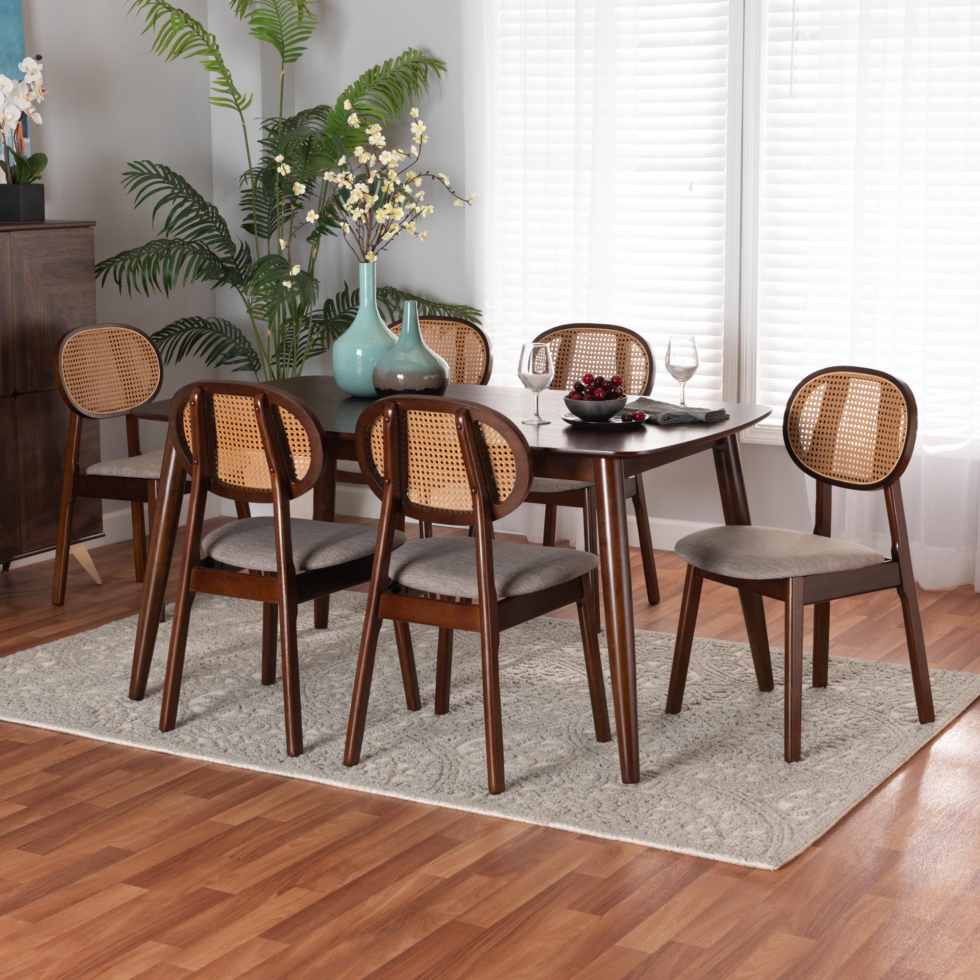 Baxton Studio Darrion Mid-Century Modern Grey Fabric and Walnut Brown Finished Wood 7-Piece Dining Set