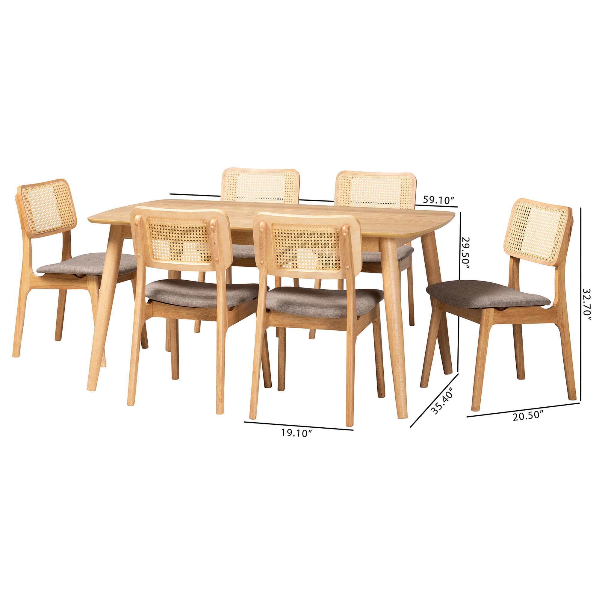 Baxton Studio Dannon Mid-Century Modern Grey Fabric and Natural Oak Finished Wood 7-Piece Dining Set