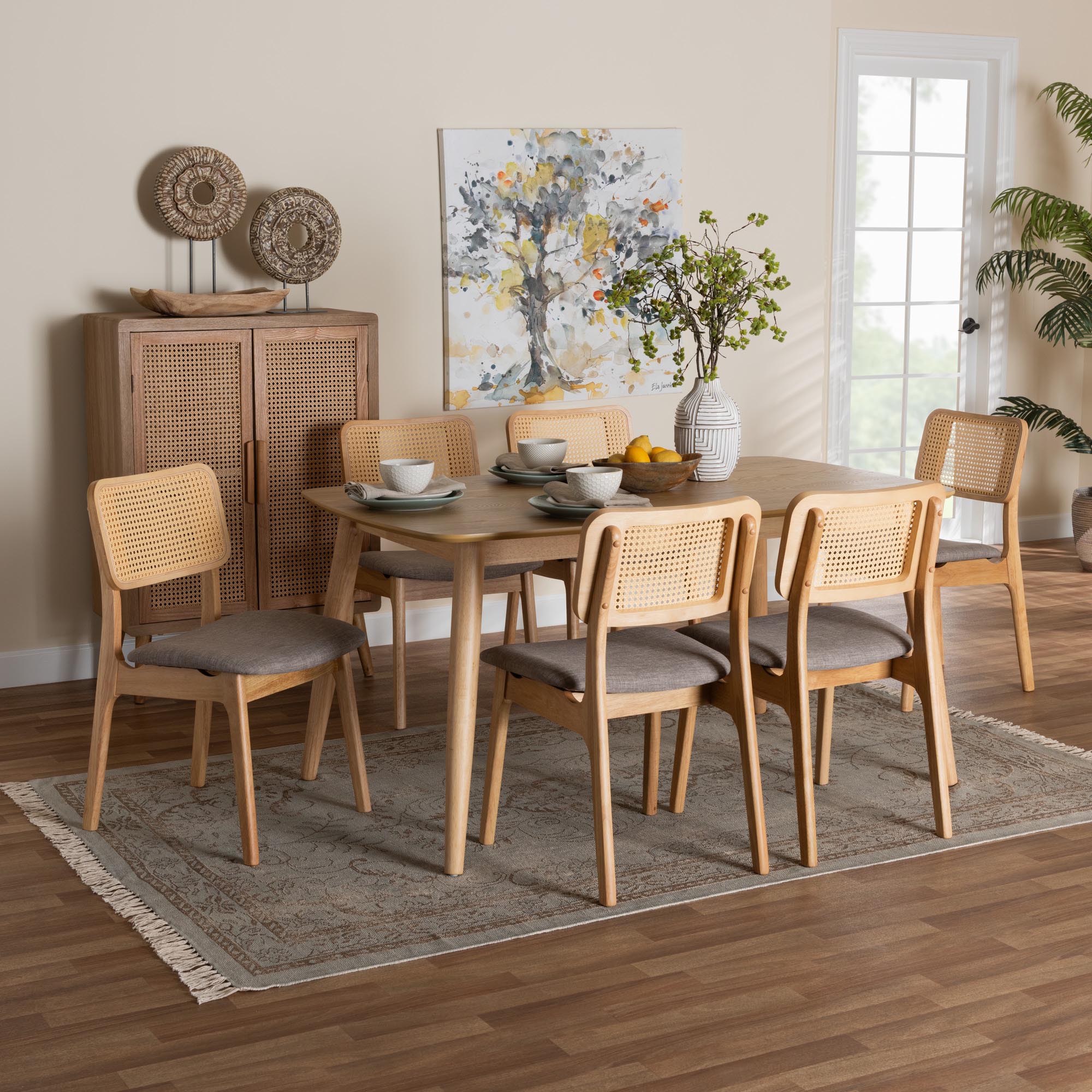 Baxton Studio Dannon Mid-Century Modern Grey Fabric and Natural Oak Finished Wood 7-Piece Dining Set