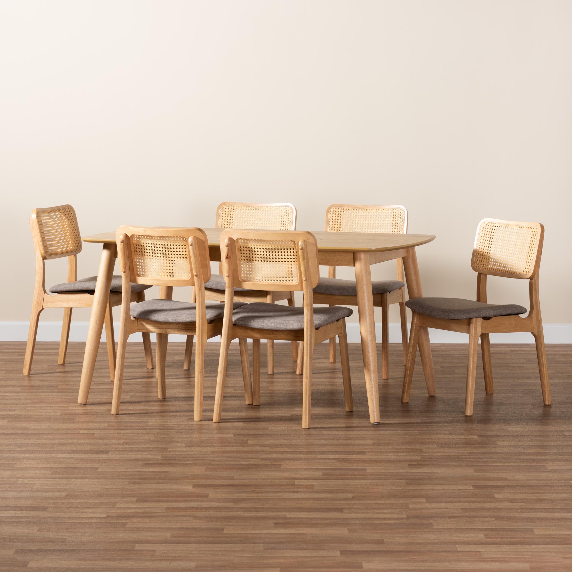 Baxton Studio Dannon Mid-Century Modern Grey Fabric and Natural Oak Finished Wood 7-Piece Dining Set