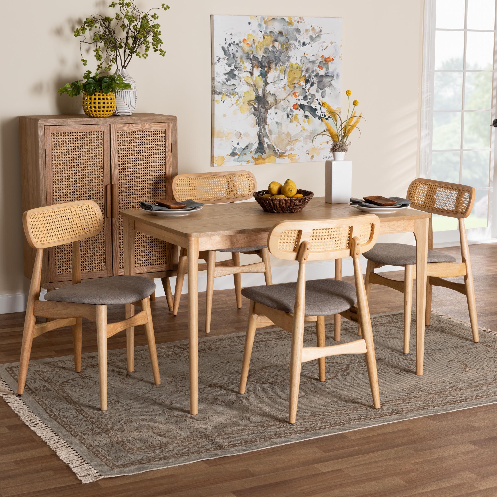 Baxton Studio Tarana Mid-Century Modern Grey Fabric and Natural Oak Finished Wood 5-Piece Dining Set