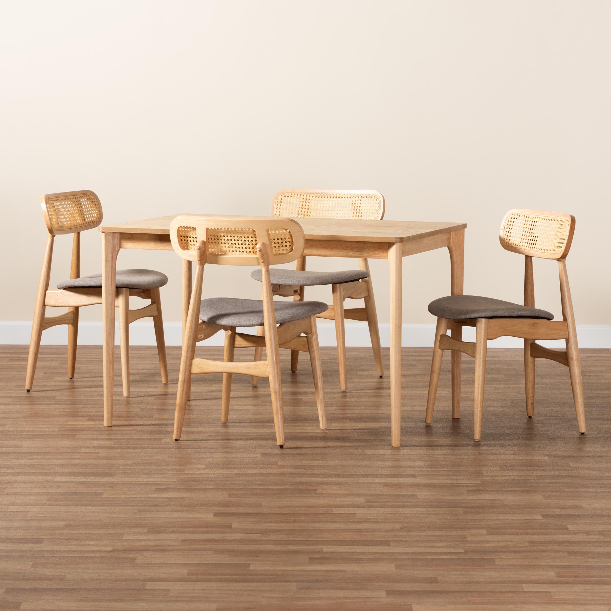 Baxton Studio Tarana Mid-Century Modern Grey Fabric and Natural Oak Finished Wood 5-Piece Dining Set