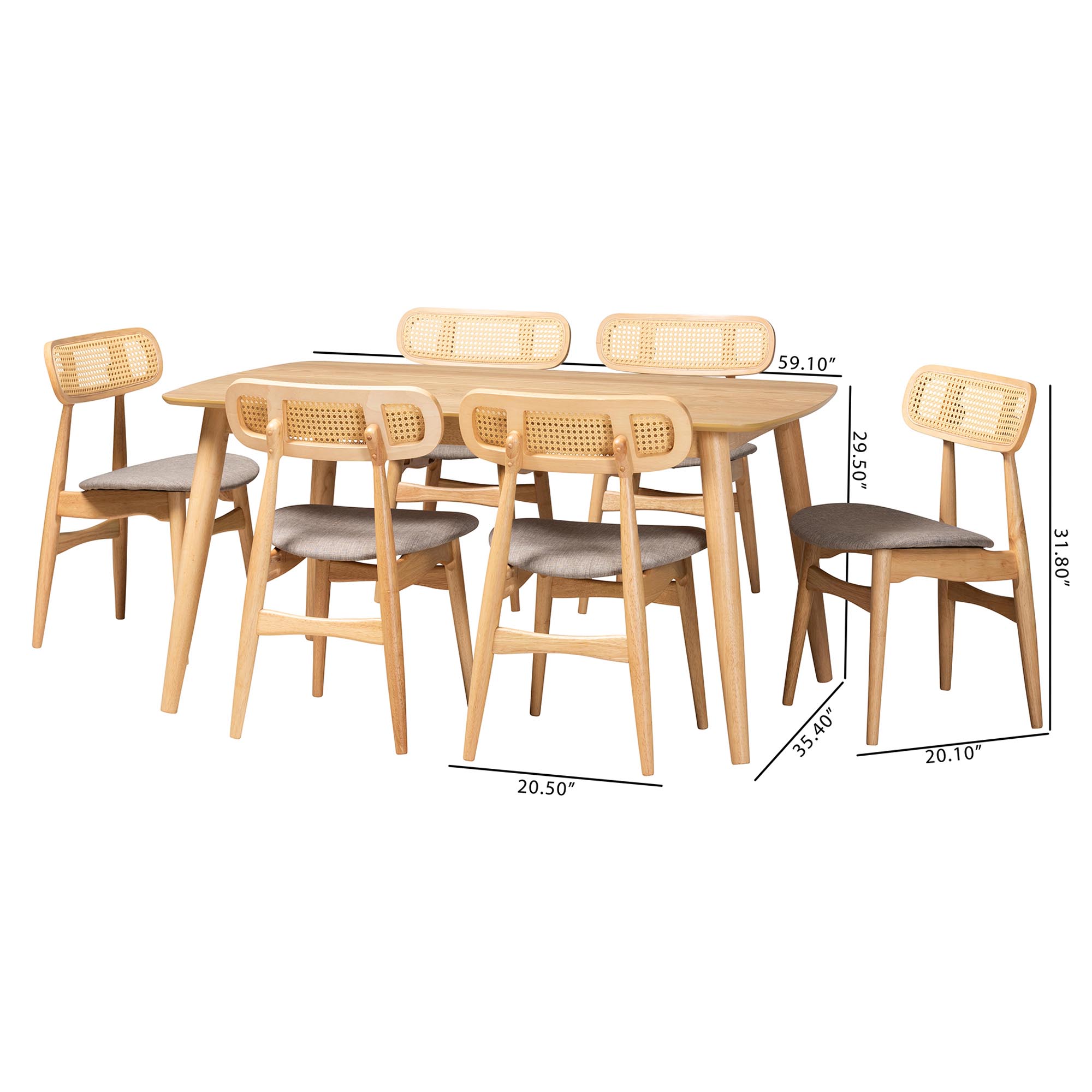 Baxton Studio Tarana Mid-Century Modern Grey Fabric and Natural Oak Finished Wood 7-Piece Dining Set
