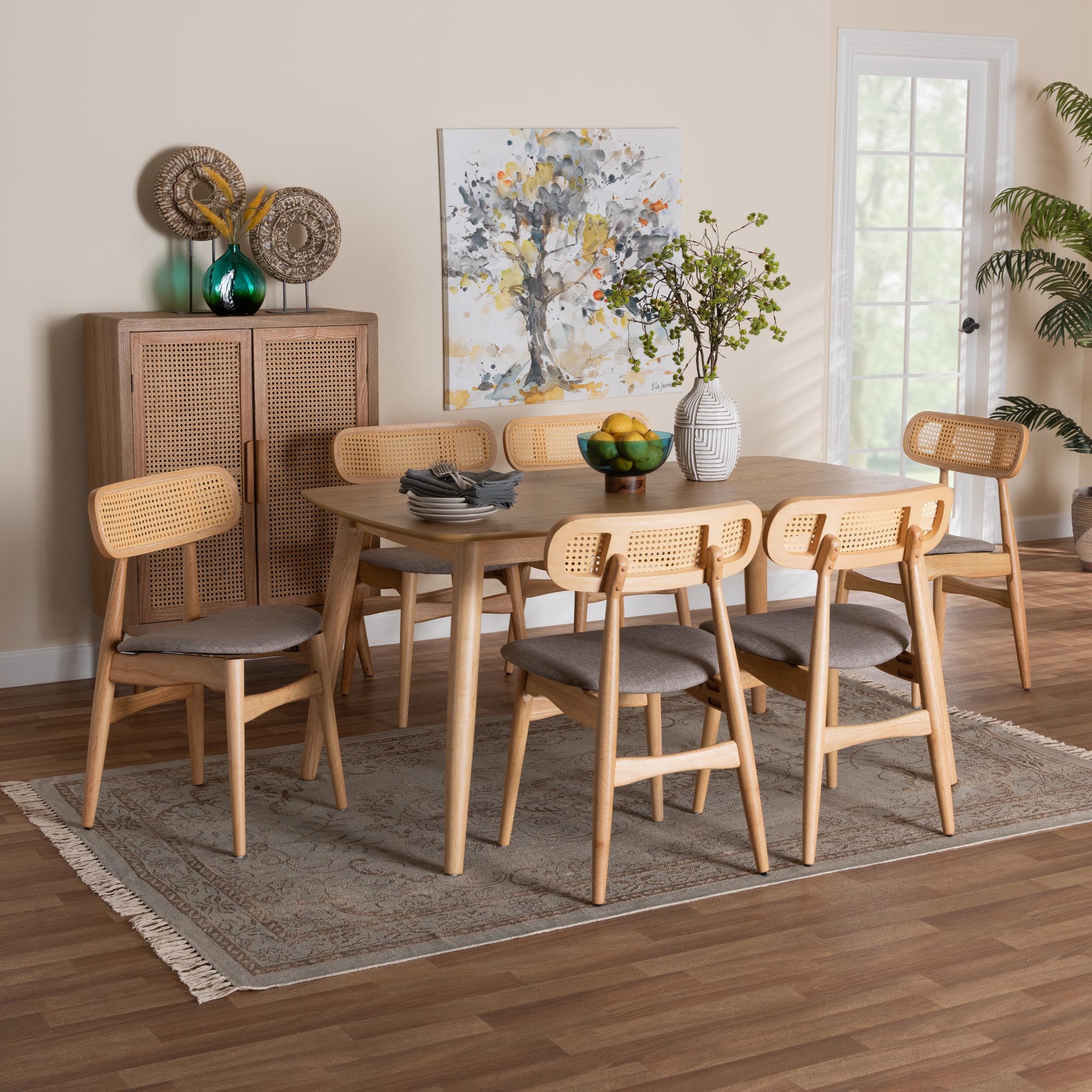 Baxton Studio Tarana Mid-Century Modern Grey Fabric and Natural Oak Finished Wood 7-Piece Dining Set