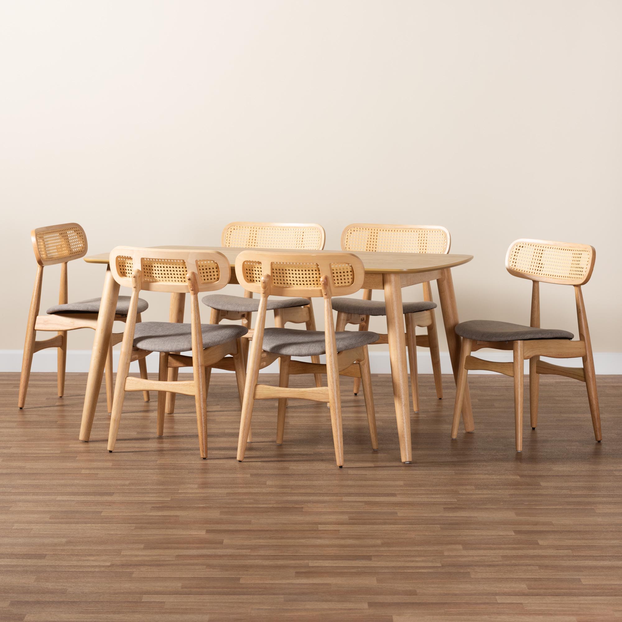 Baxton Studio Tarana Mid-Century Modern Grey Fabric and Natural Oak Finished Wood 7-Piece Dining Set