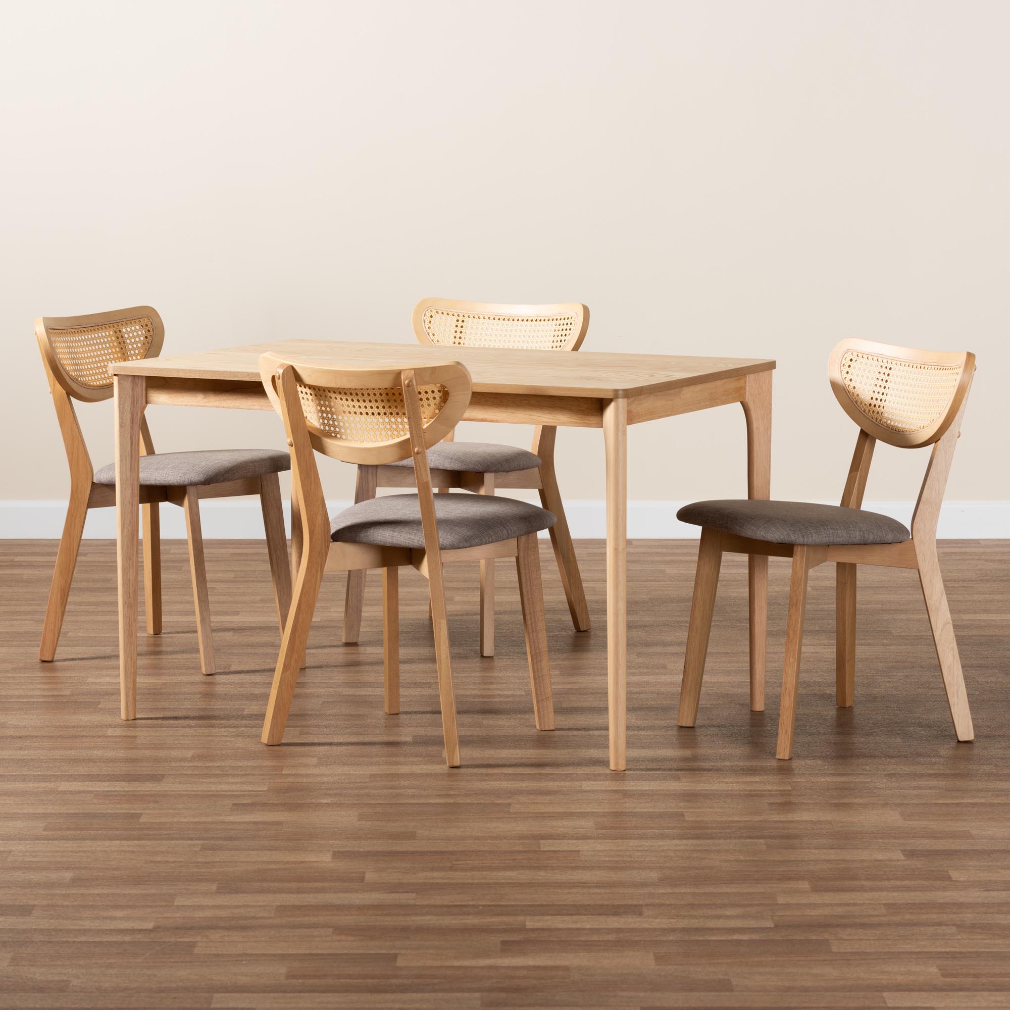 Baxton Studio Dannell Mid-Century Modern Grey Fabric and Natural Oak Finished Wood 5-Piece Dining Set