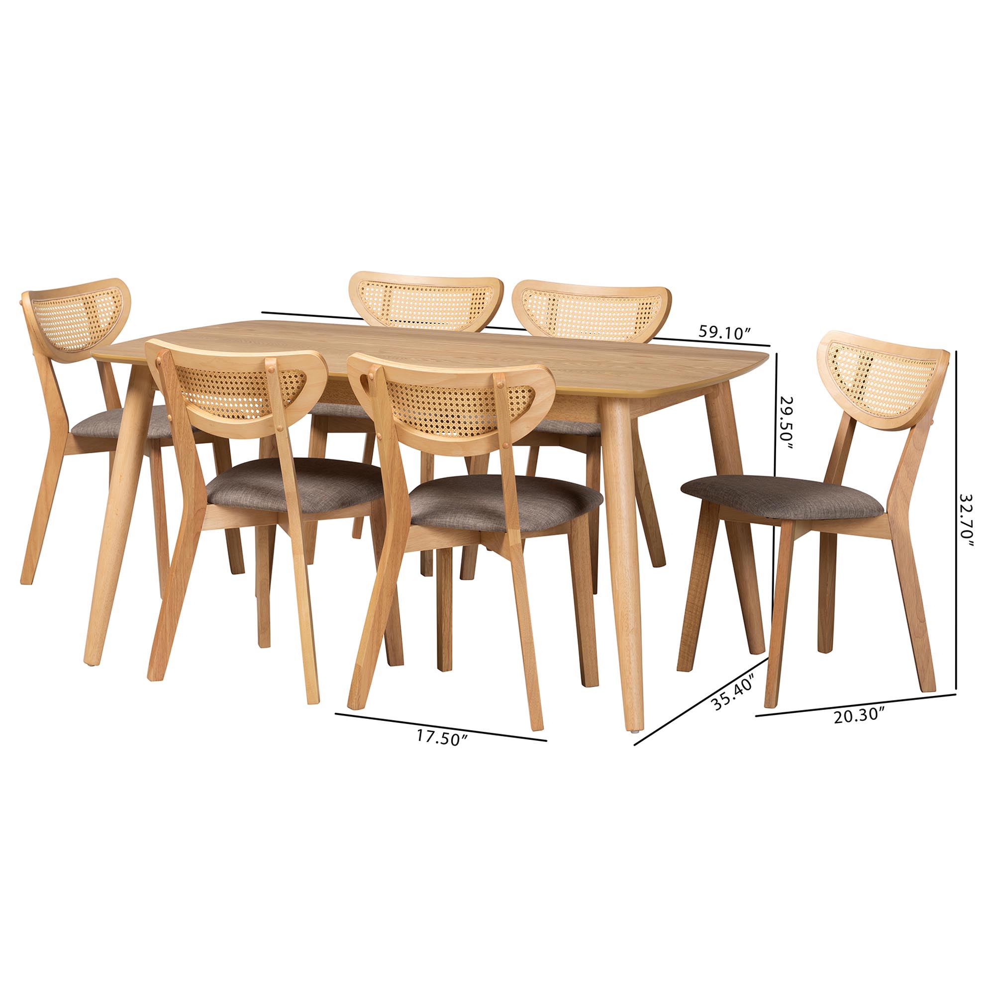 Baxton Studio Dannell Mid-Century Modern Grey Fabric and Natural Oak Finished Wood 7-Piece Dining Set