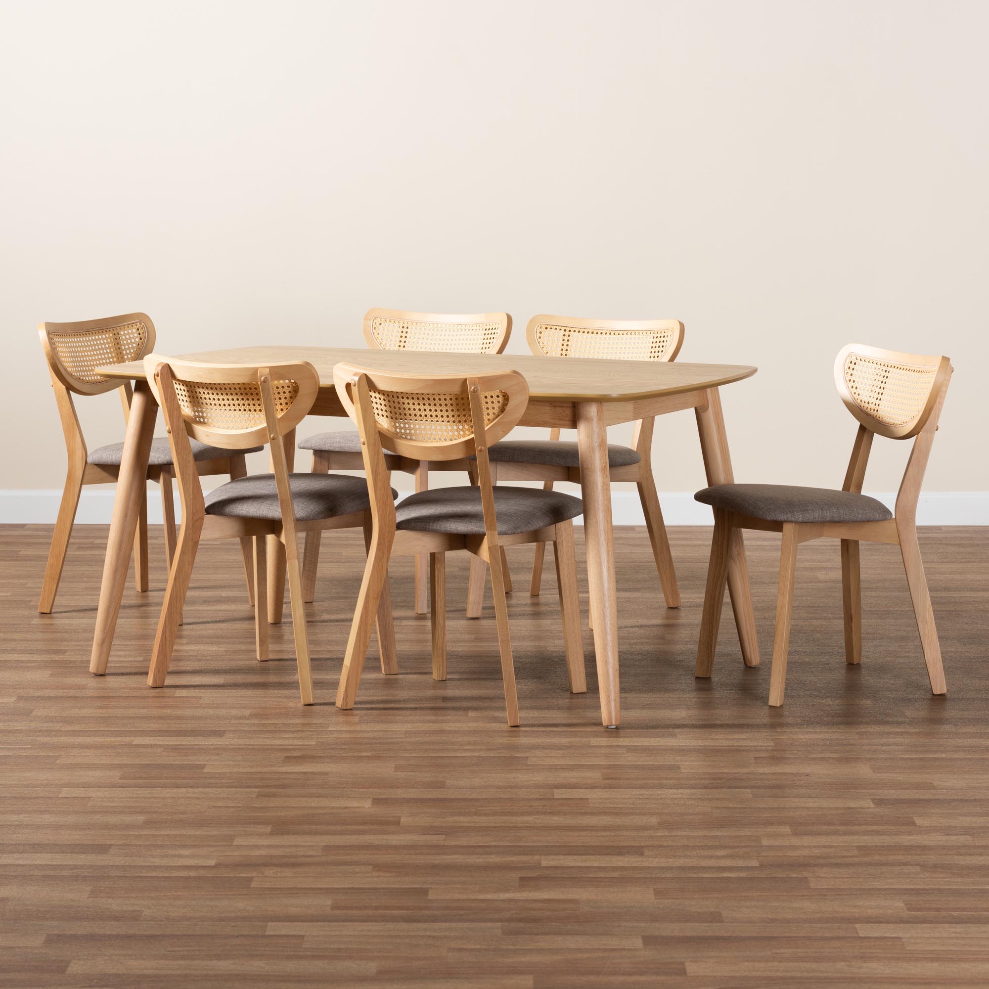 Baxton Studio Dannell Mid-Century Modern Grey Fabric and Natural Oak Finished Wood 7-Piece Dining Set