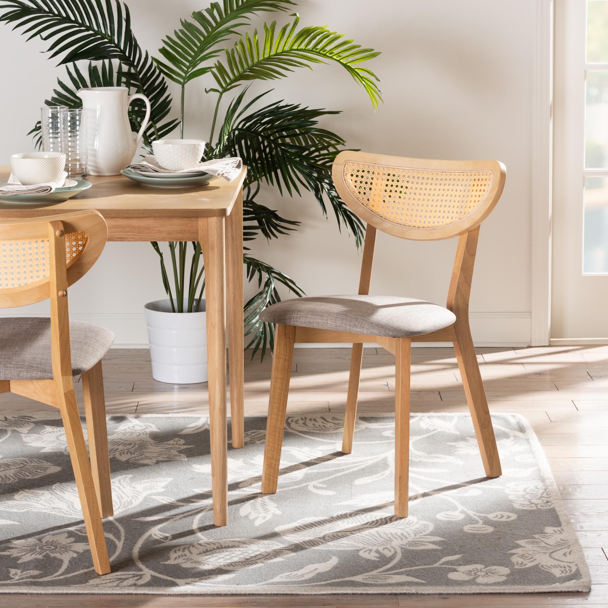 Baxton Studio Dannell Mid-Century Modern Grey Fabric and Natural Oak Finished Wood 2-Piece Dining Chair Set