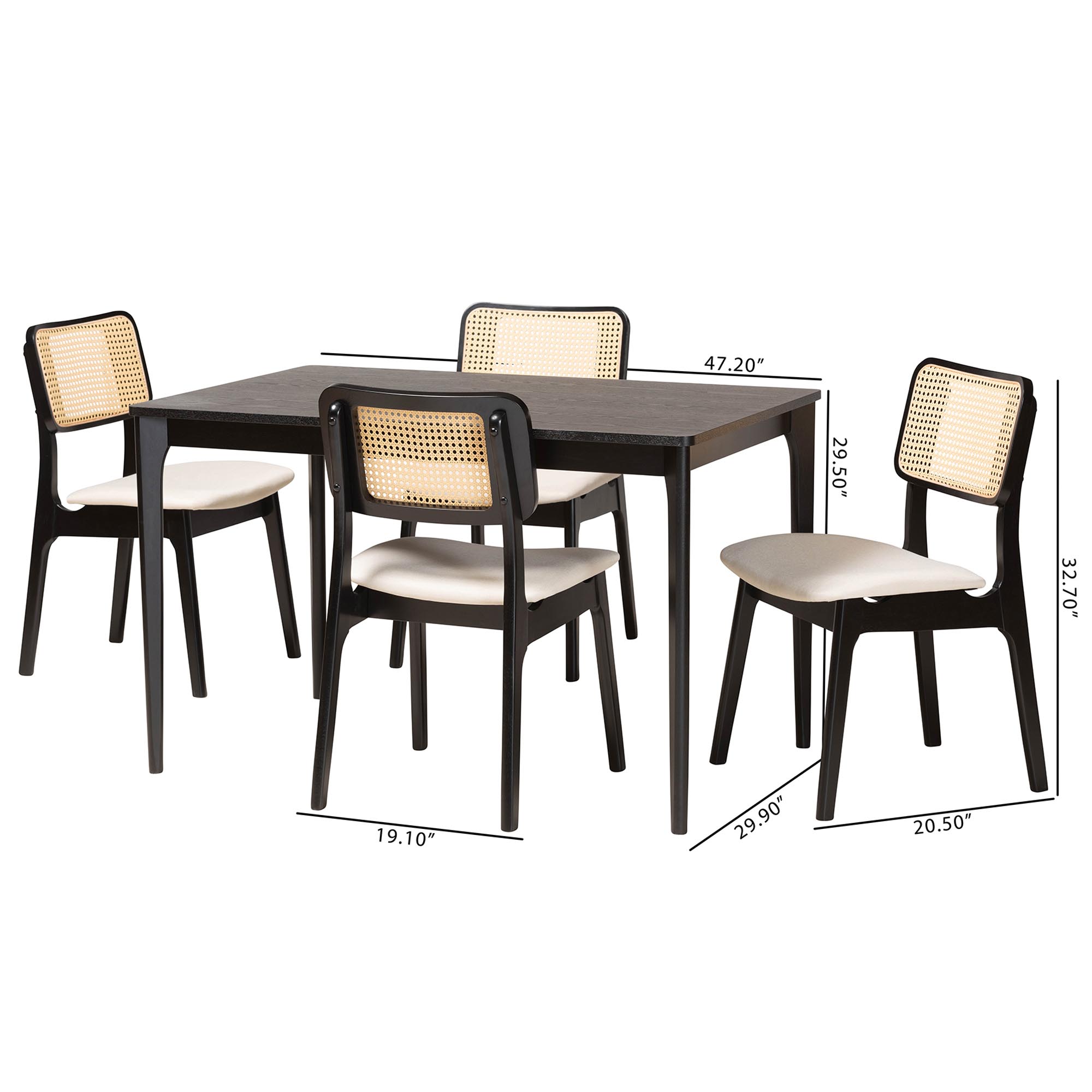 Baxton Studio Dannon Mid-Century Modern Cream Fabric and Black Finished Wood 5-Piece Dining Set