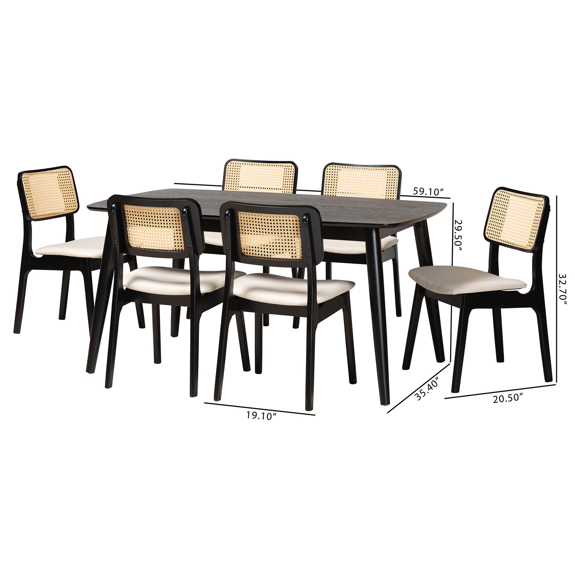 Baxton Studio Dannon Mid-Century Modern Cream Fabric and Black Finished Wood 7-Piece Dining Set