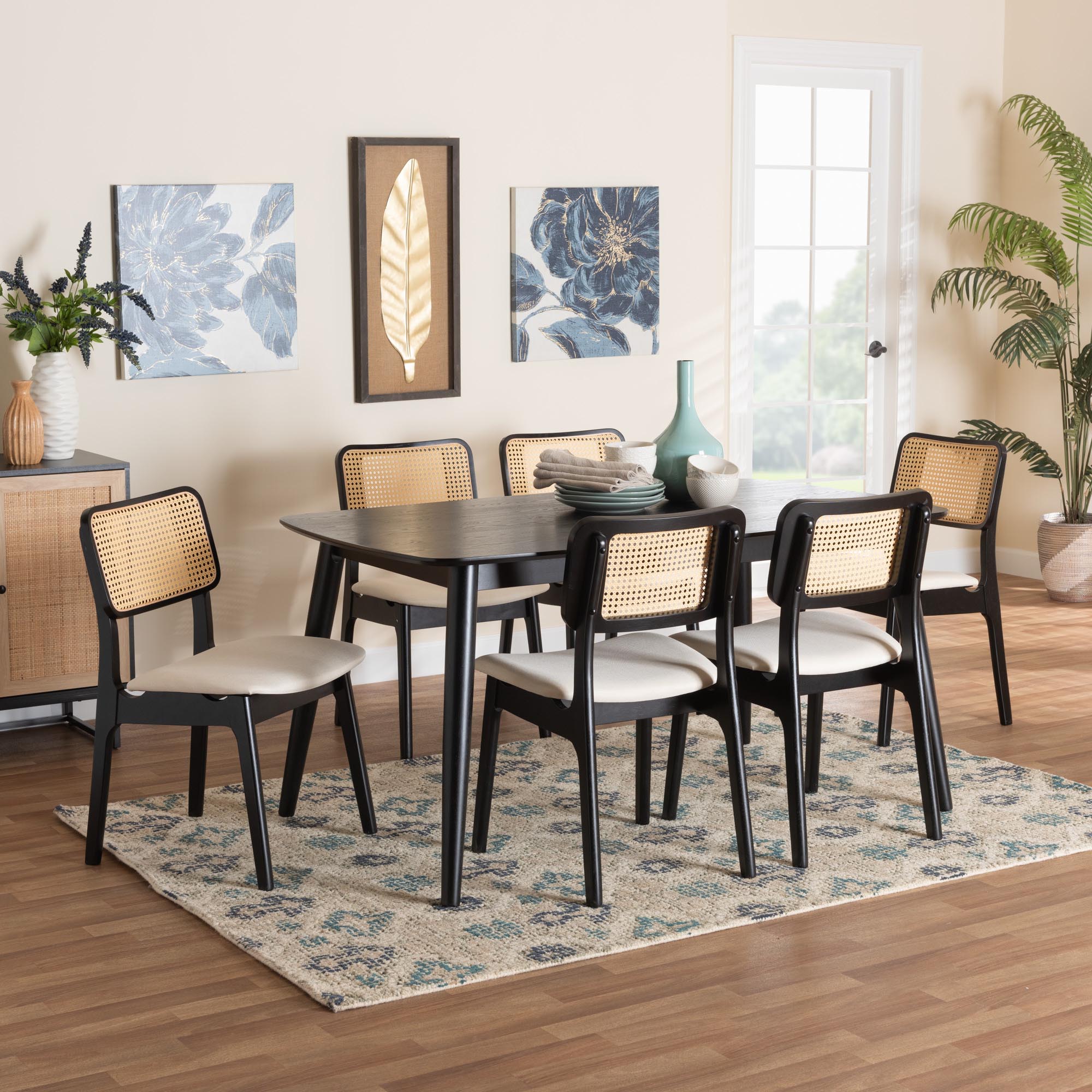 Baxton Studio Dannon Mid-Century Modern Cream Fabric and Black Finished Wood 7-Piece Dining Set
