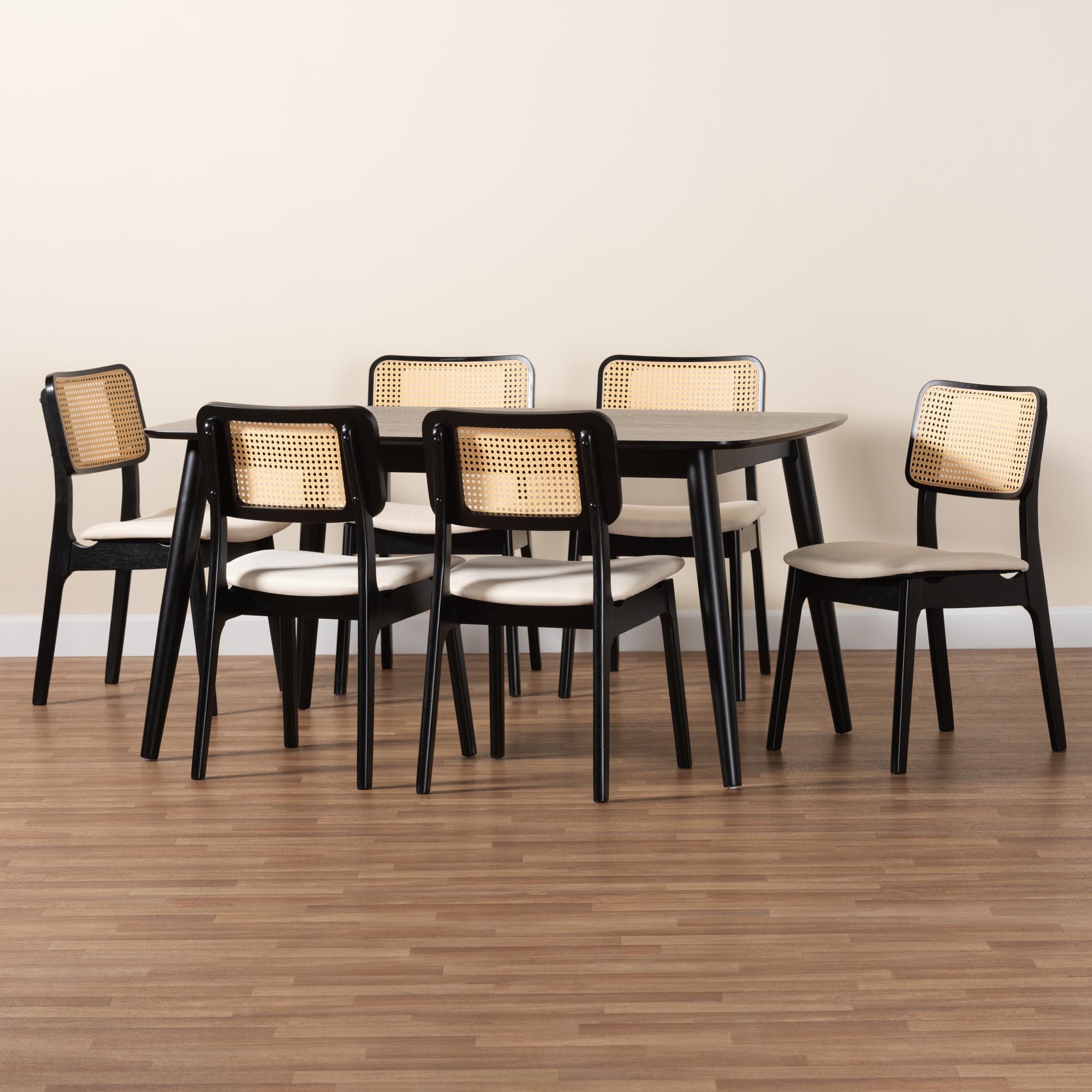 Baxton Studio Dannon Mid-Century Modern Cream Fabric and Black Finished Wood 7-Piece Dining Set