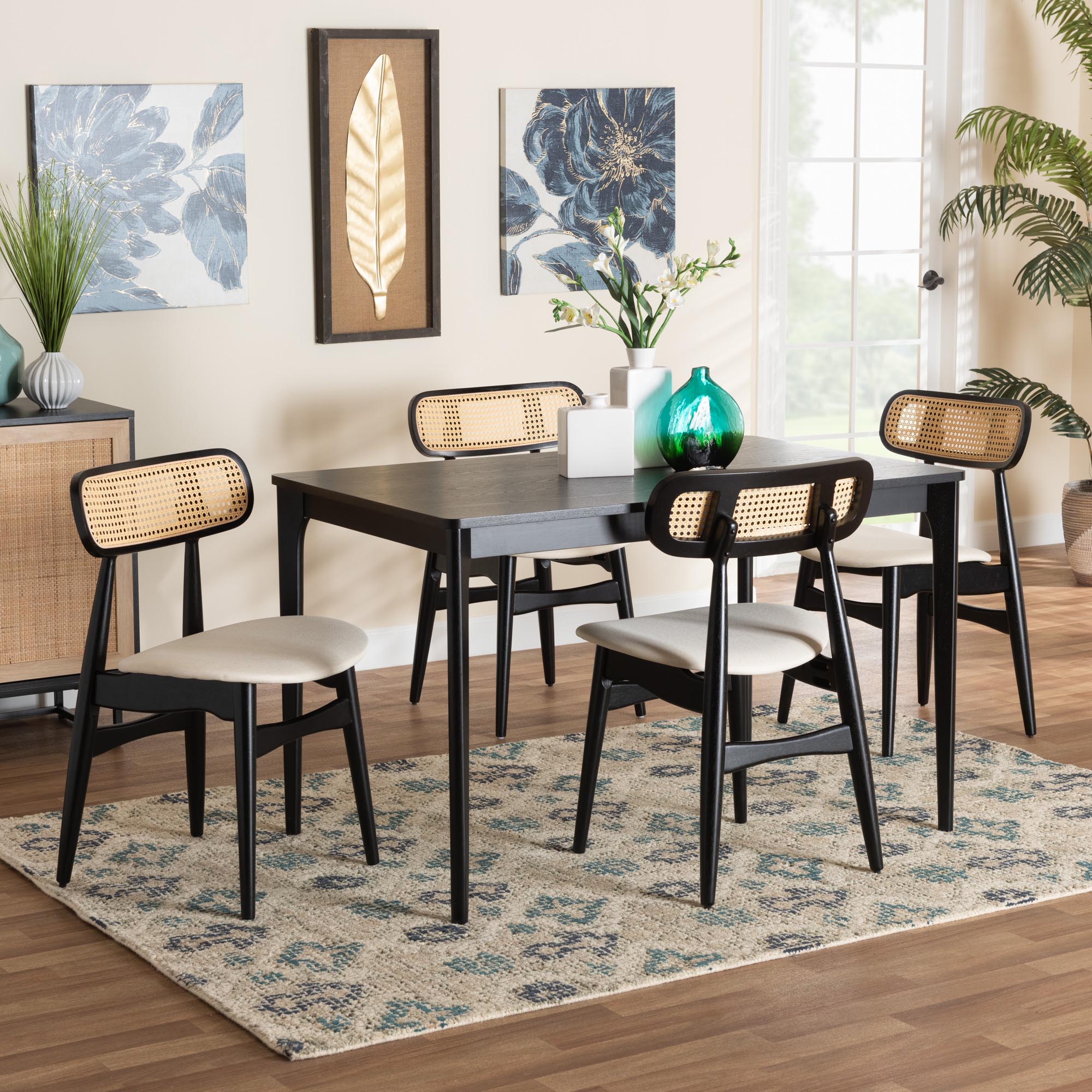 Baxton Studio Tarana Mid-Century Modern Cream Fabric and Black Finished Wood 5-Piece Dining Set
