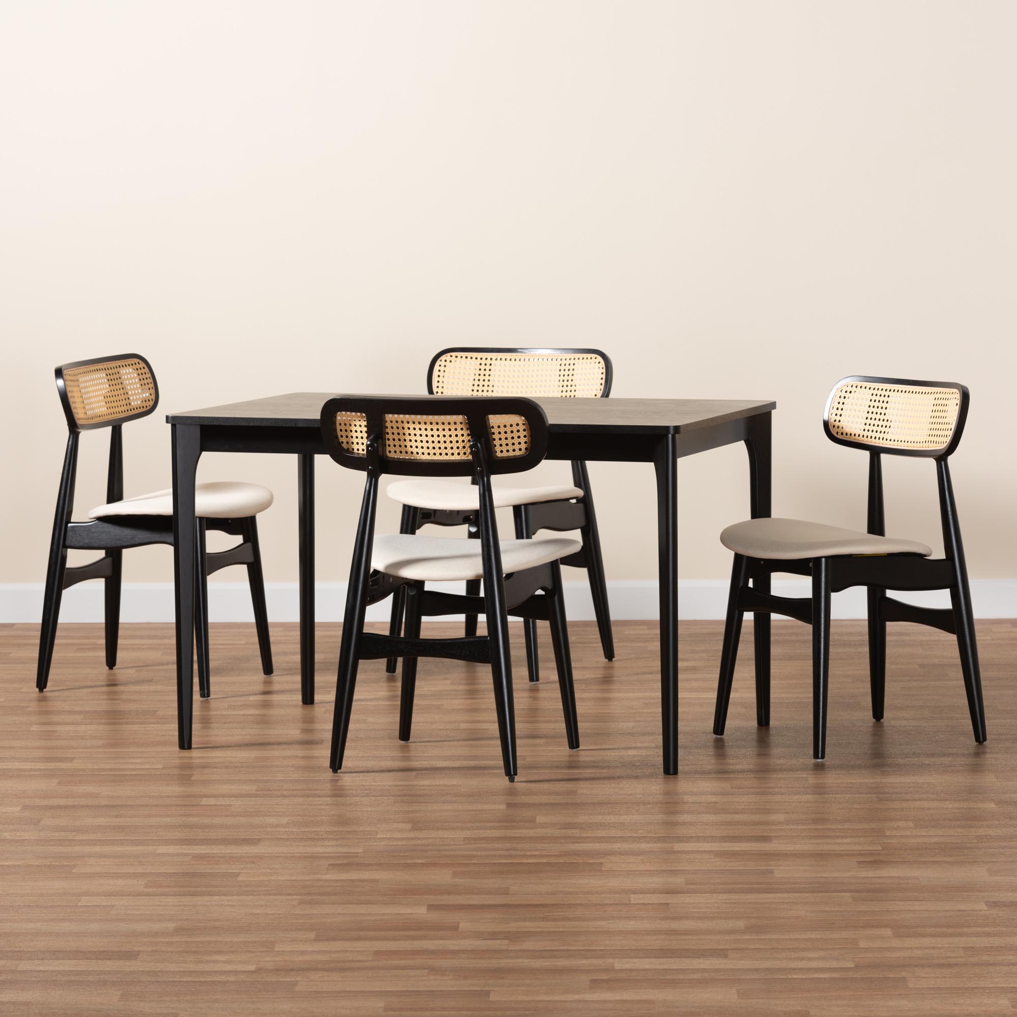 Baxton Studio Tarana Mid-Century Modern Cream Fabric and Black Finished Wood 5-Piece Dining Set