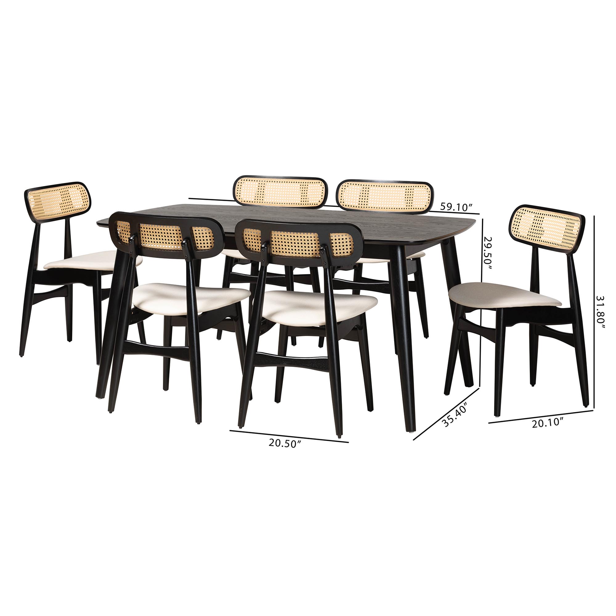 Baxton Studio Tarana Mid-Century Modern Cream Fabric and Black Finished Wood 7-Piece Dining Set