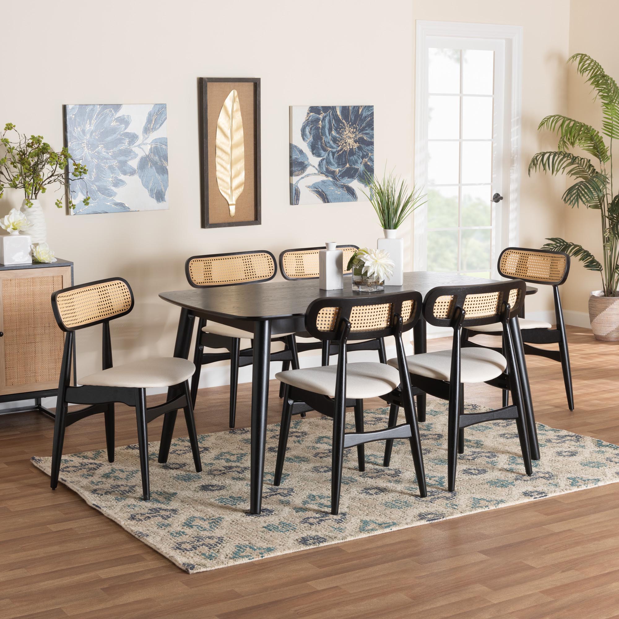 Baxton Studio Tarana Mid-Century Modern Cream Fabric and Black Finished Wood 7-Piece Dining Set