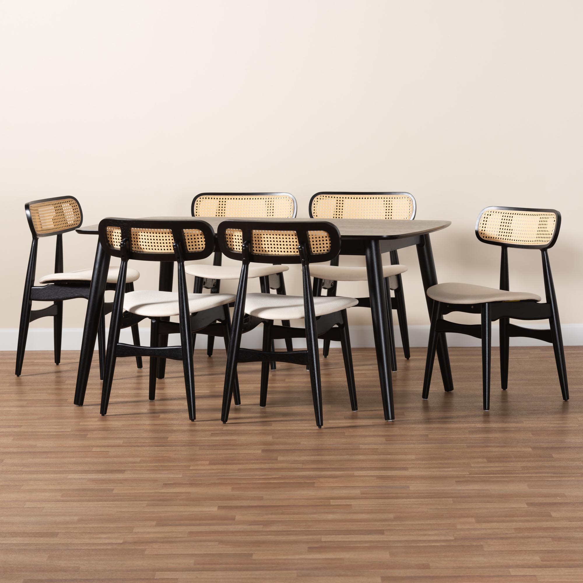 Baxton Studio Tarana Mid-Century Modern Cream Fabric and Black Finished Wood 7-Piece Dining Set