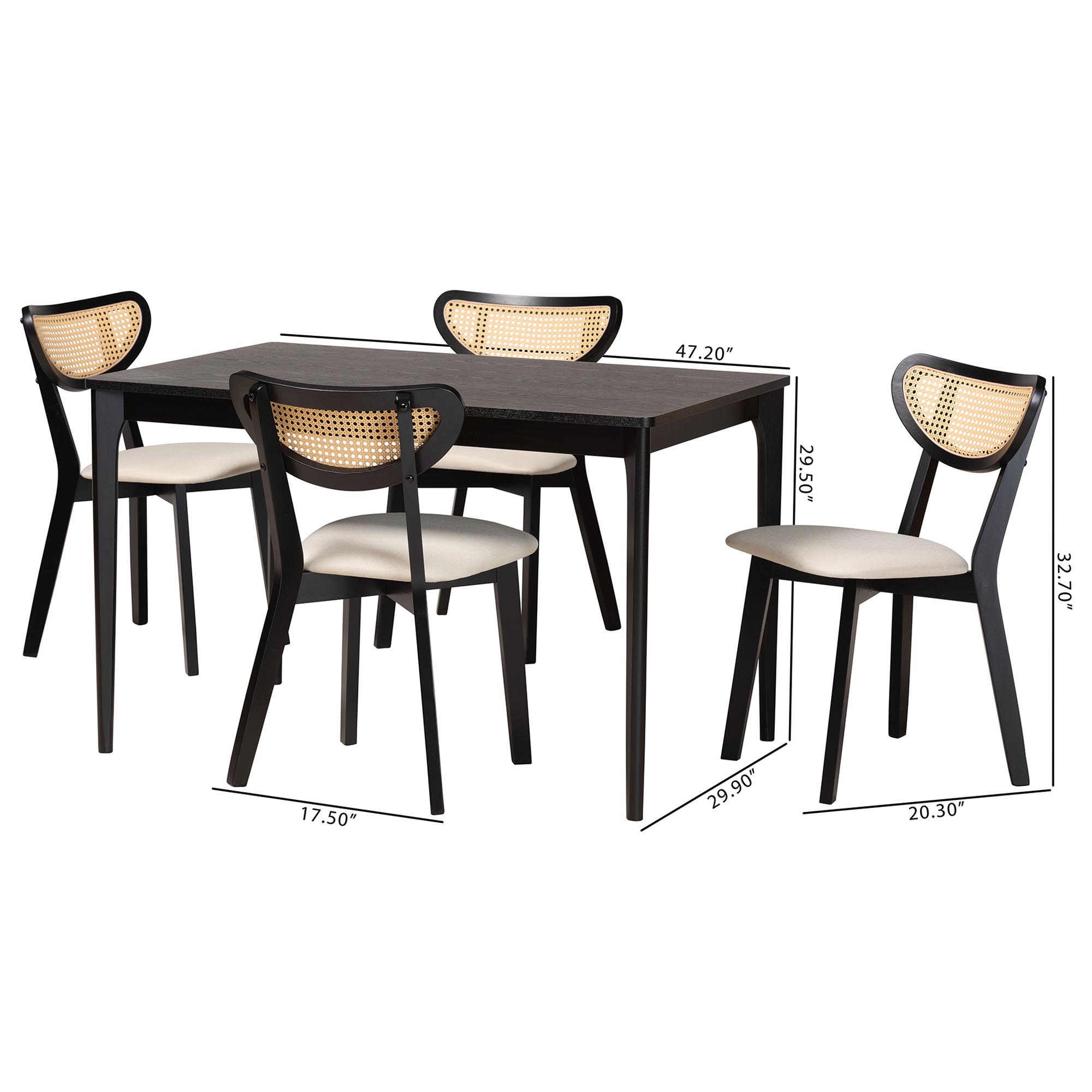 Baxton Studio Dannell Mid-Century Modern Cream Fabric and Black Finished Wood 5-Piece Dining Set