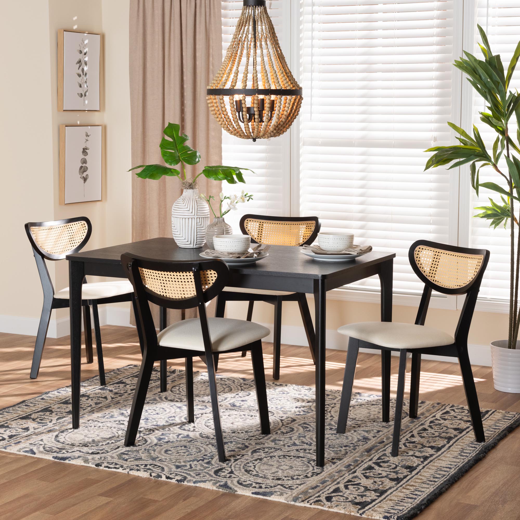 Baxton Studio Dannell Mid-Century Modern Cream Fabric and Black Finished Wood 5-Piece Dining Set
