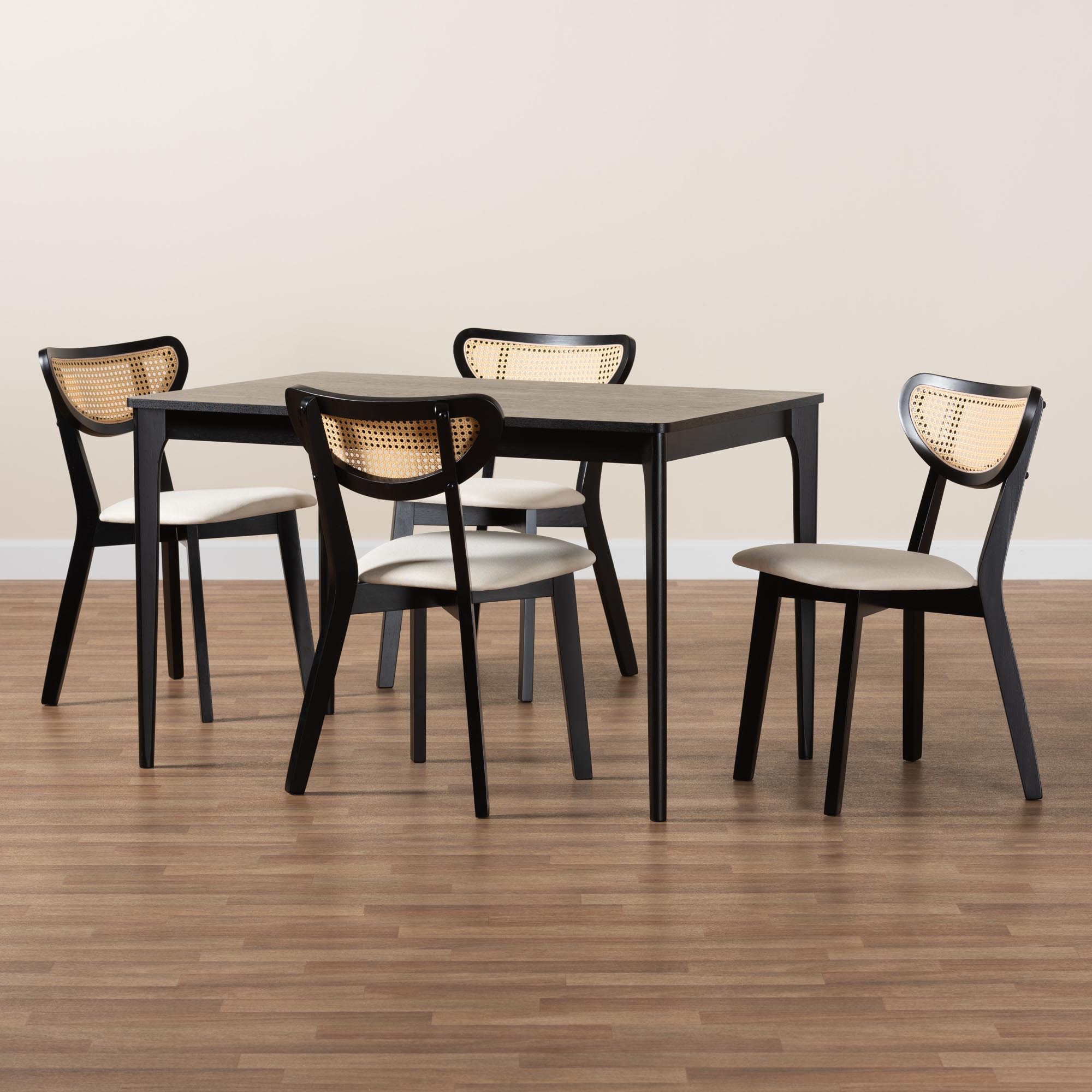 Baxton Studio Dannell Mid-Century Modern Cream Fabric and Black Finished Wood 5-Piece Dining Set