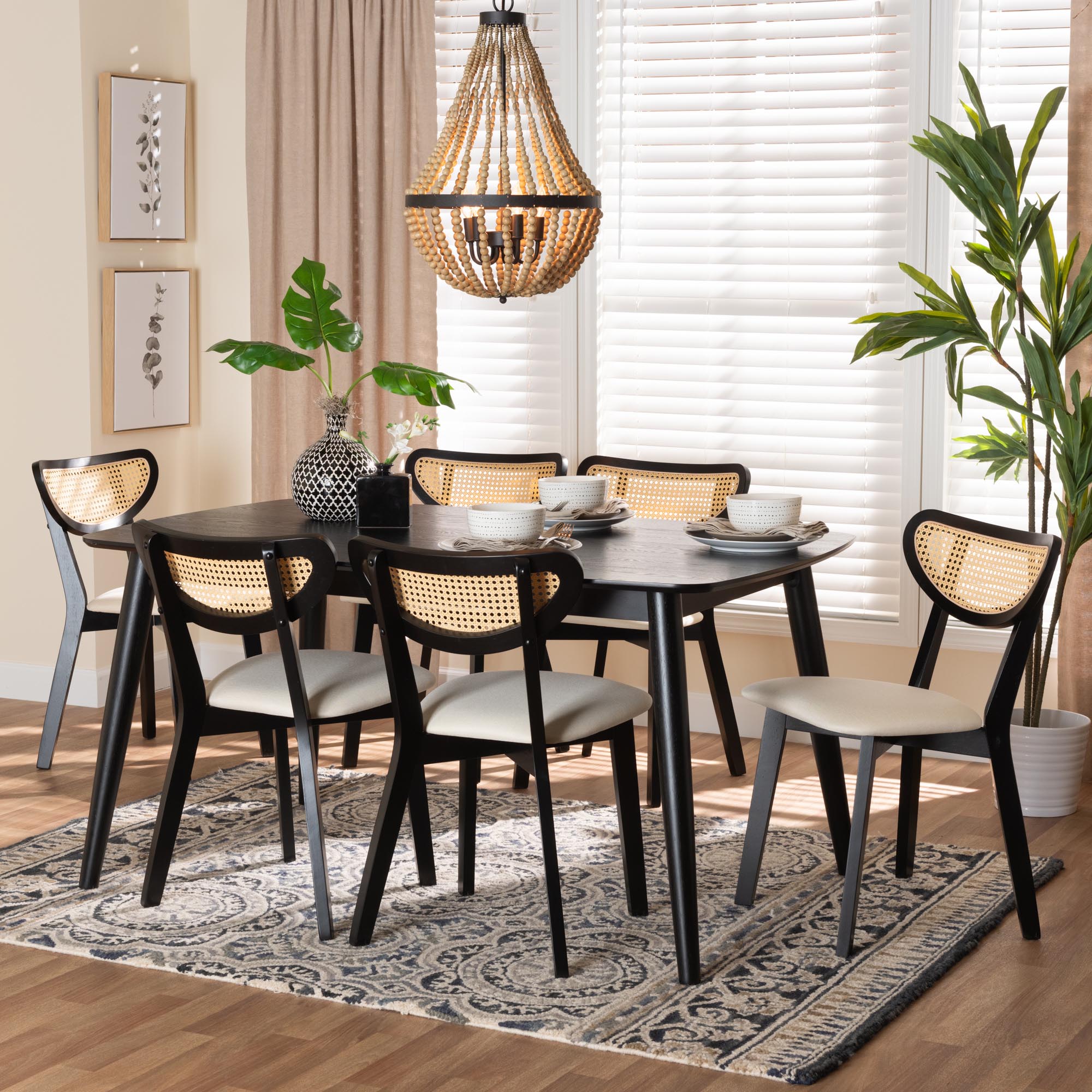 Baxton Studio Dannell Mid-Century Modern Cream Fabric and Black Finished Wood 7-Piece Dining Set