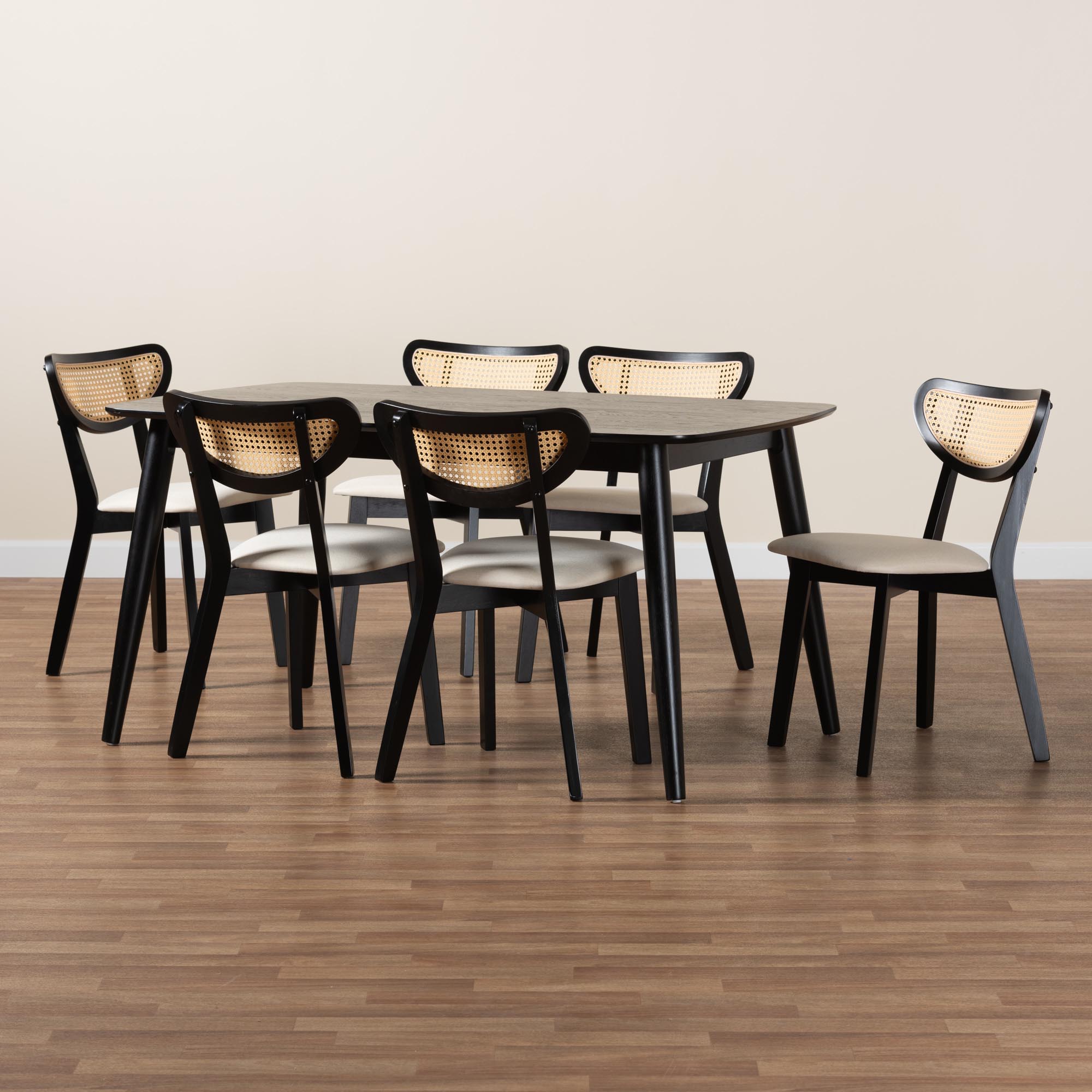 Baxton Studio Dannell Mid-Century Modern Cream Fabric and Black Finished Wood 7-Piece Dining Set