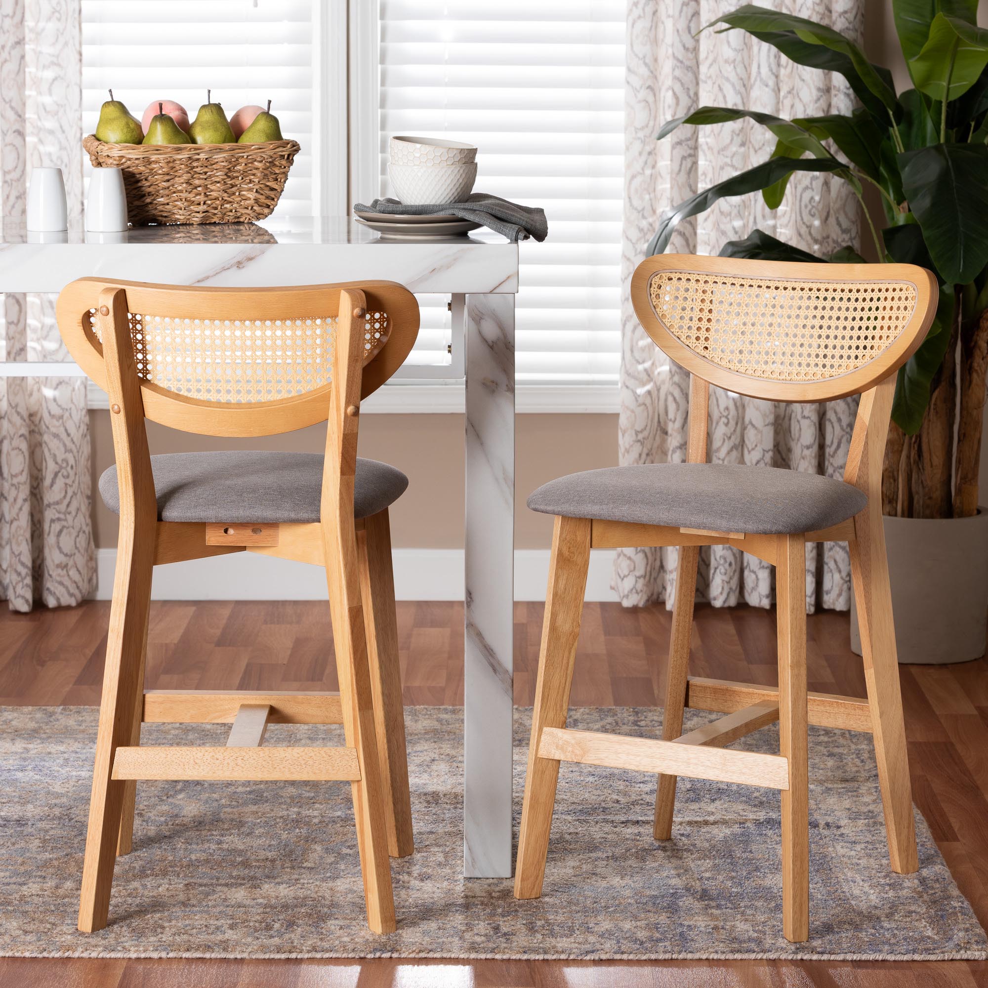 Baxton Studio Dannell Mid-Century Modern Grey Fabric and Natural Oak Finished Wood 2-Piece Counter Stool Set