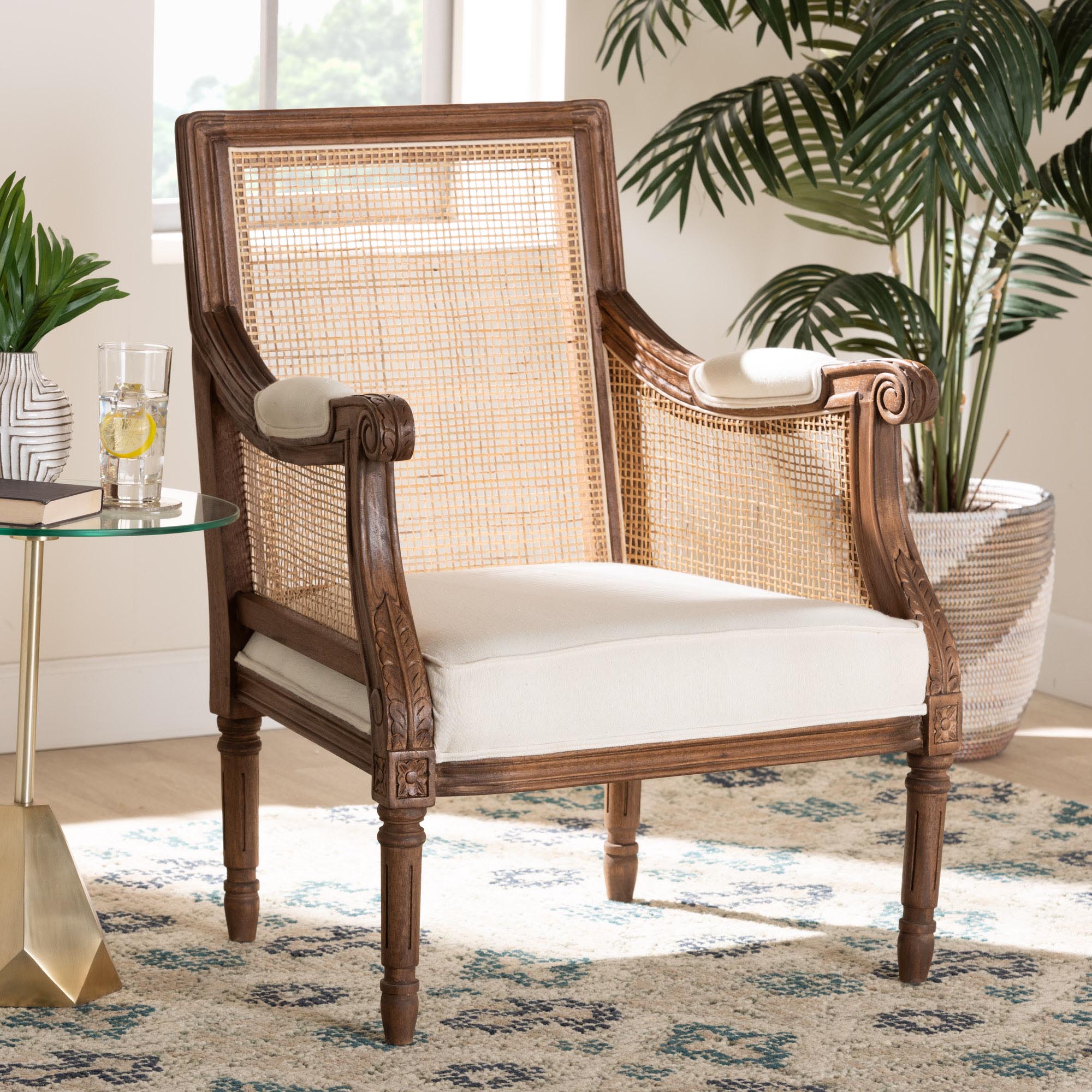 bali & pari Desmond Traditional French Beige Fabric and Walnut Brown Finished Wood Accent Chair