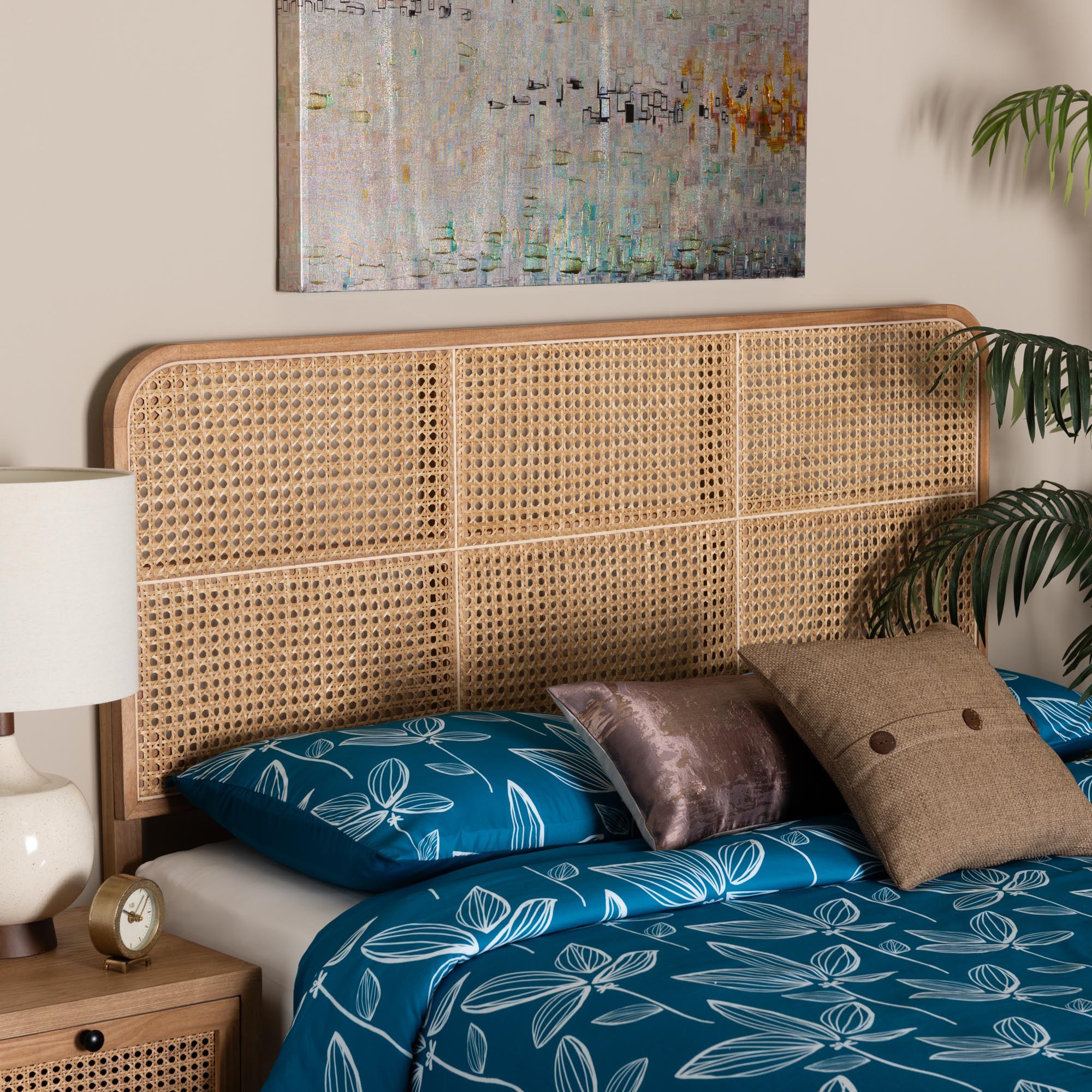 bali & pari Lainer Modern Bohemian Natural Brown Finished Bayur Wood and Bamboo Queen Size Headboard