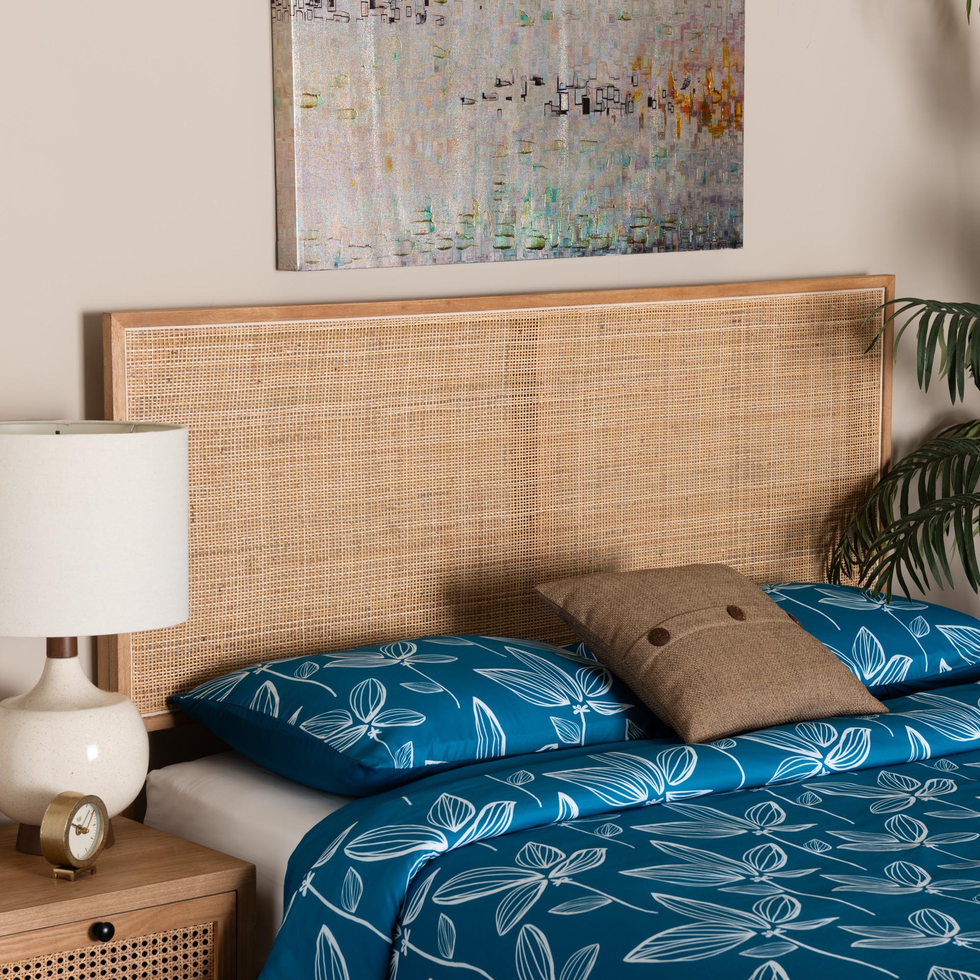 bali & pari Aurelia Modern Bohemian Natural Brown Finished Bayur Wood and Rattan Queen Size Headboard