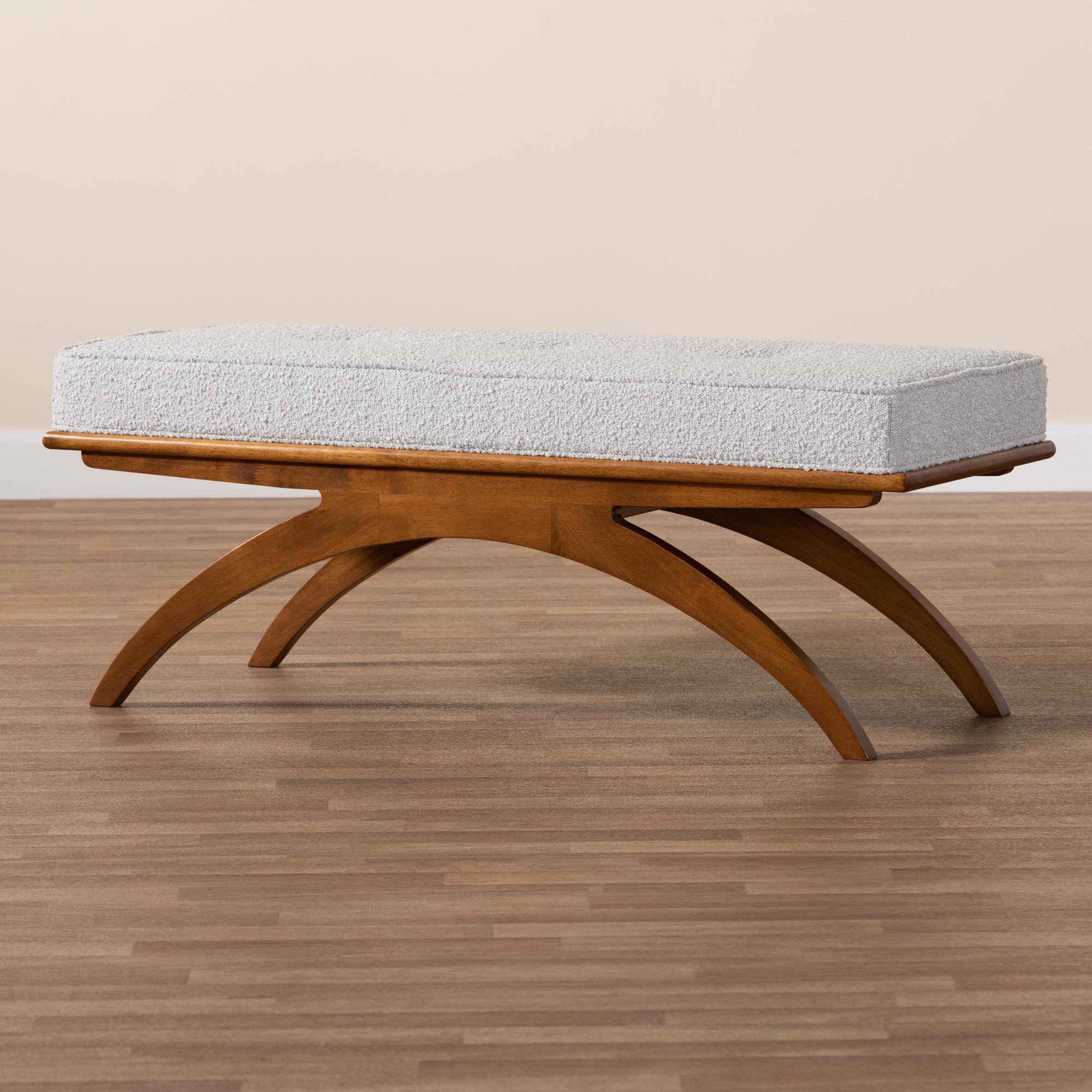 Baxton Studio Orella Japandi Light Grey Boucle Fabric and Walnut Brown Finished Wood Bench