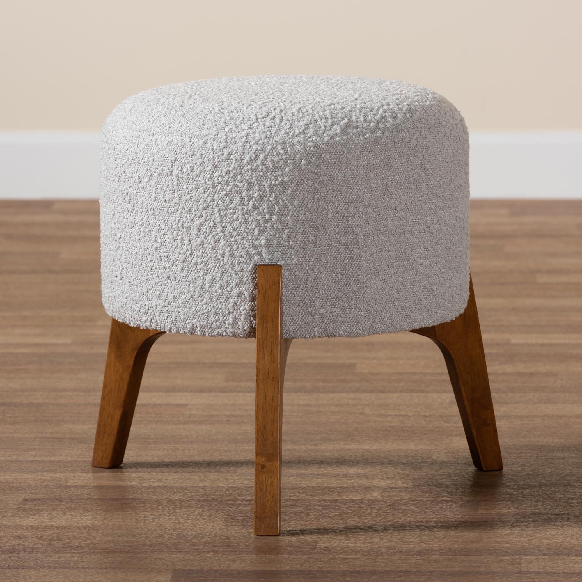 Baxton Studio Elkie Japandi Light Grey Boucle Fabric and Walnut Brown Finished Wood Ottoman Footstool