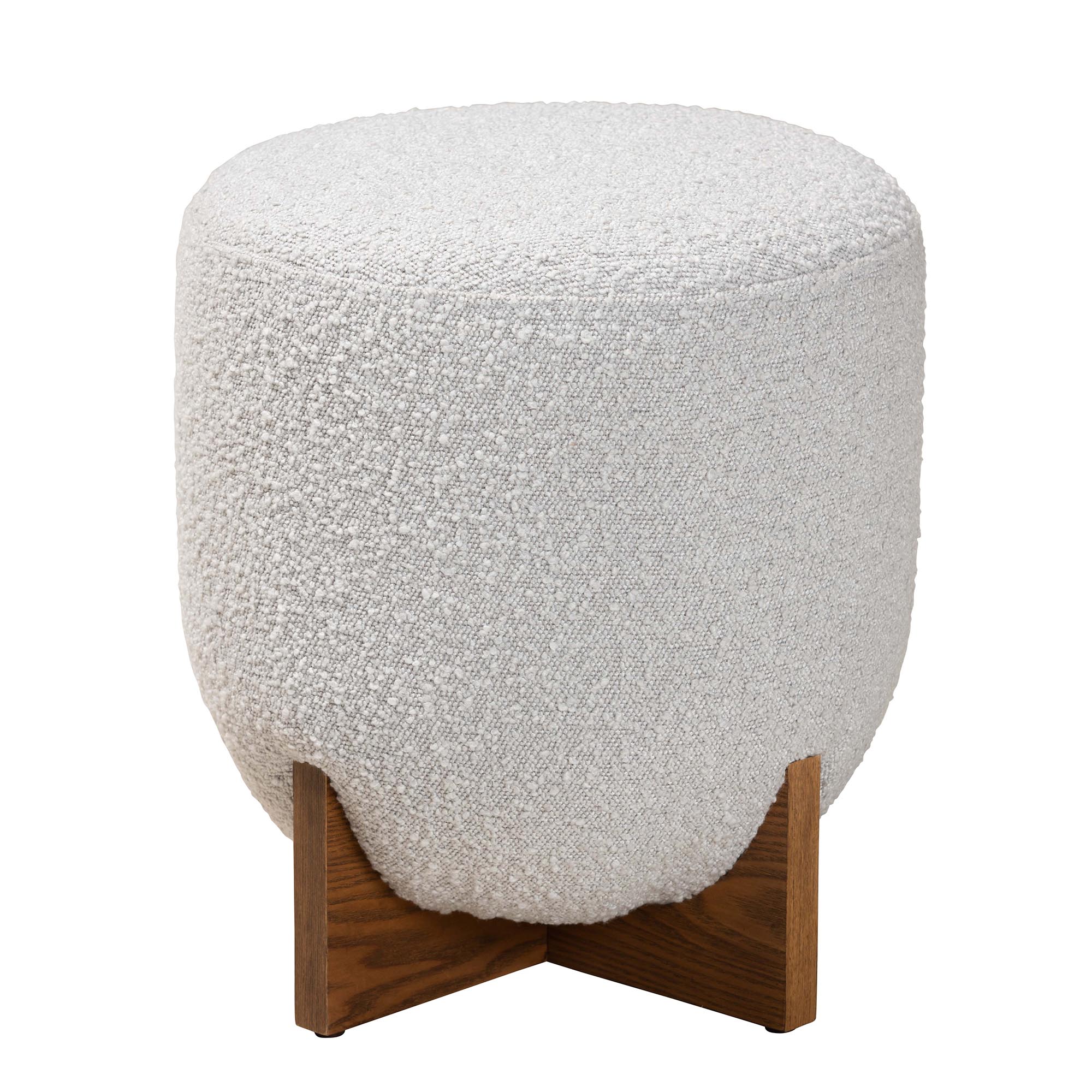 Baxton Studio Fisk Japandi Light Grey Boucle Fabric and Walnut Brown Finished Wood Ottoman Footstool