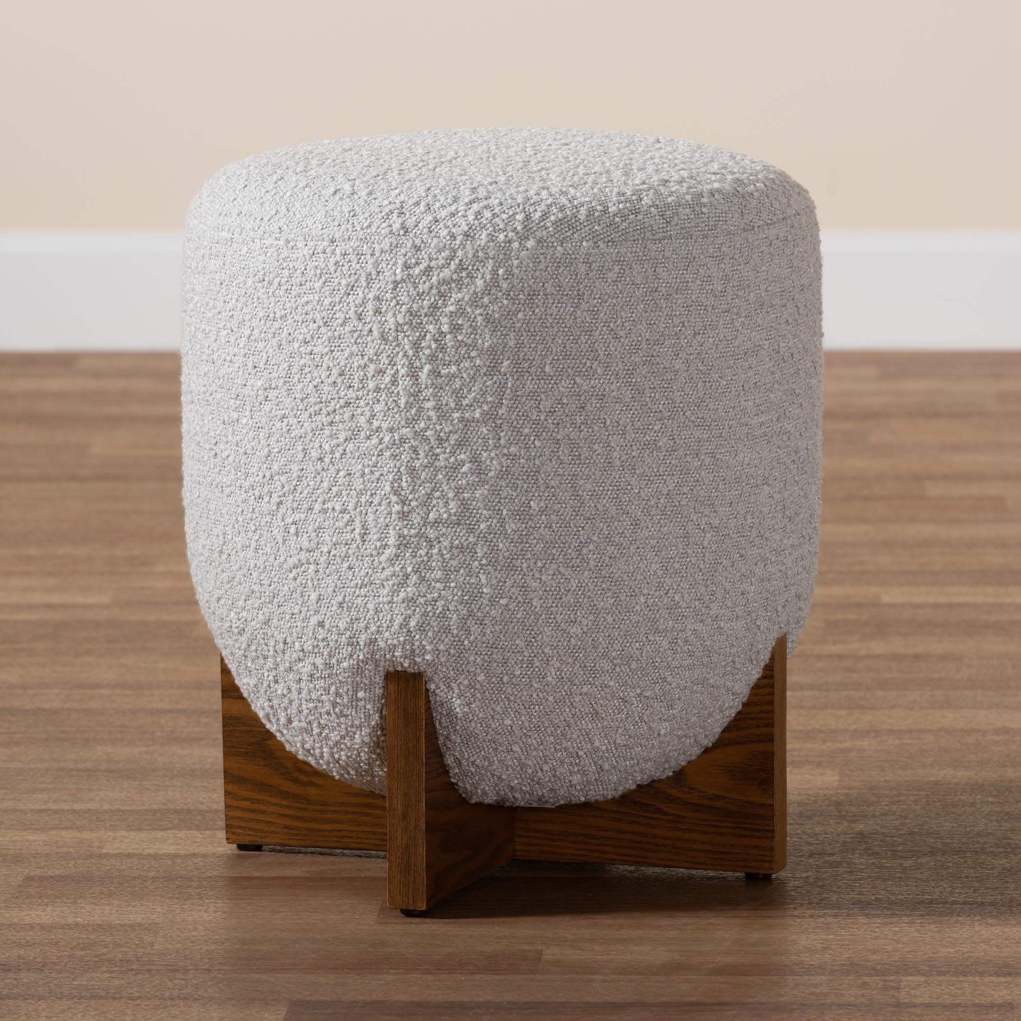 Baxton Studio Fisk Japandi Light Grey Boucle Fabric and Walnut Brown Finished Wood Ottoman Footstool