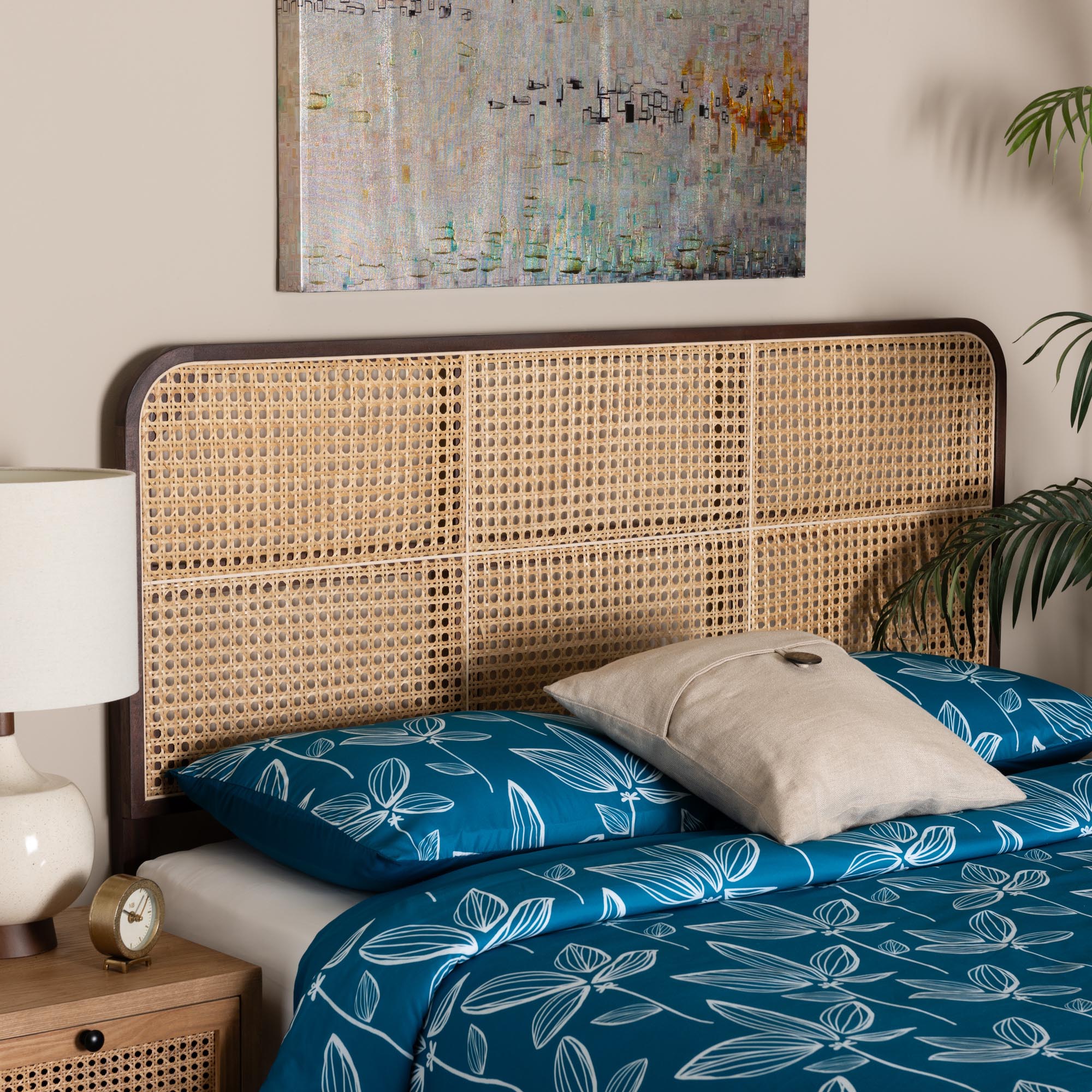 bali & pari Lainer Modern Bohemian Dark Brown Finished Bayur Wood and Natural Bamboo Queen Size Headboard