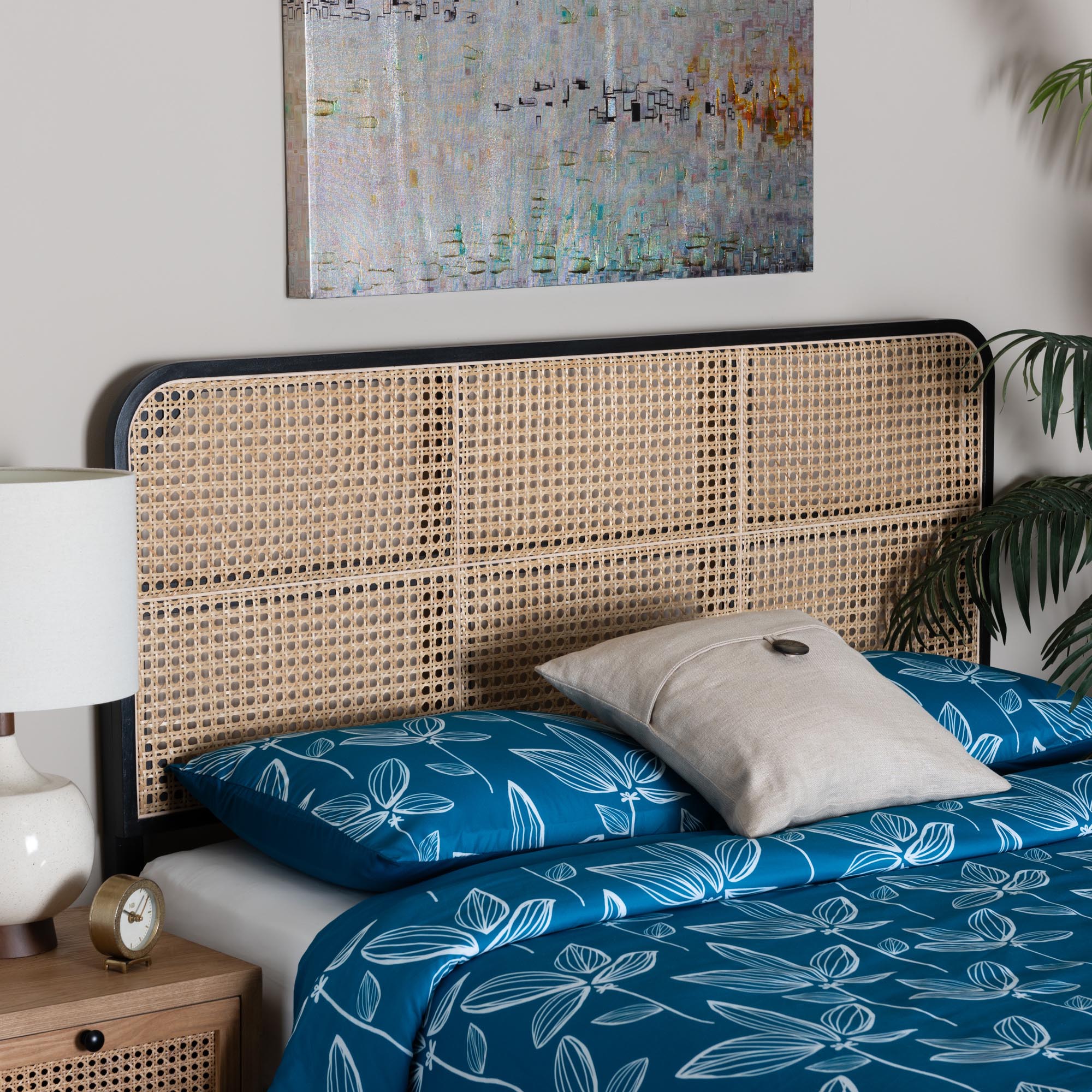 bali & pari Lainer Modern Bohemian Black Finished Bayur Wood and Natural Bamboo Queen Size Headboard